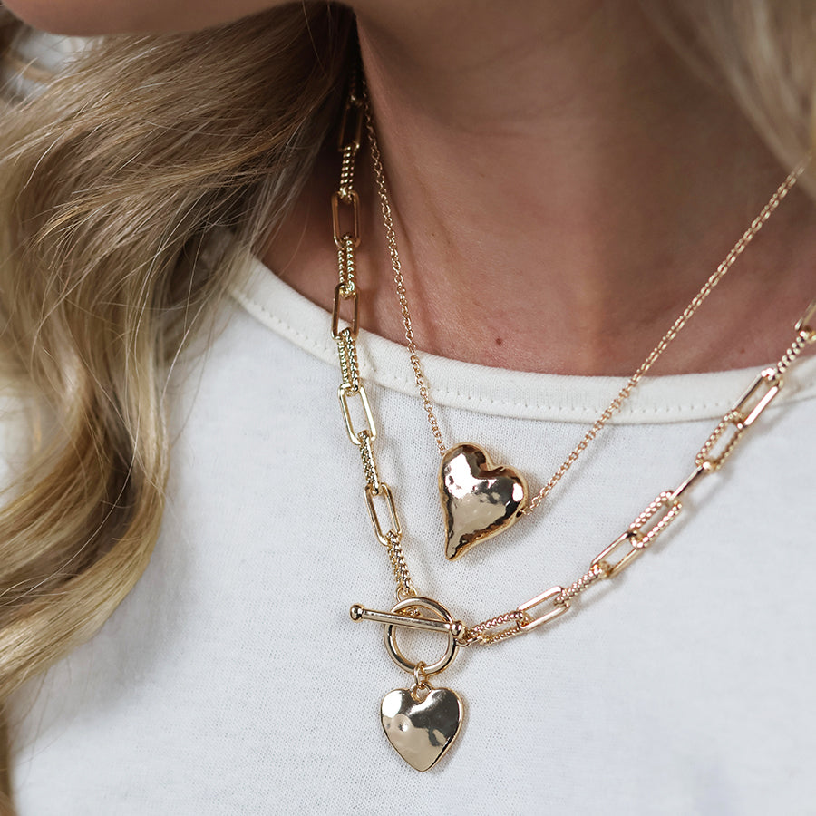 Gold Twisted T Bar Necklace & Heart