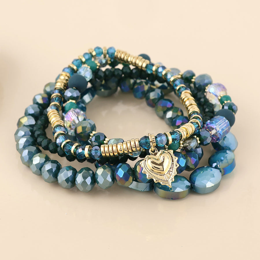 Five Stack Bracelets in Teal with Gold Heart