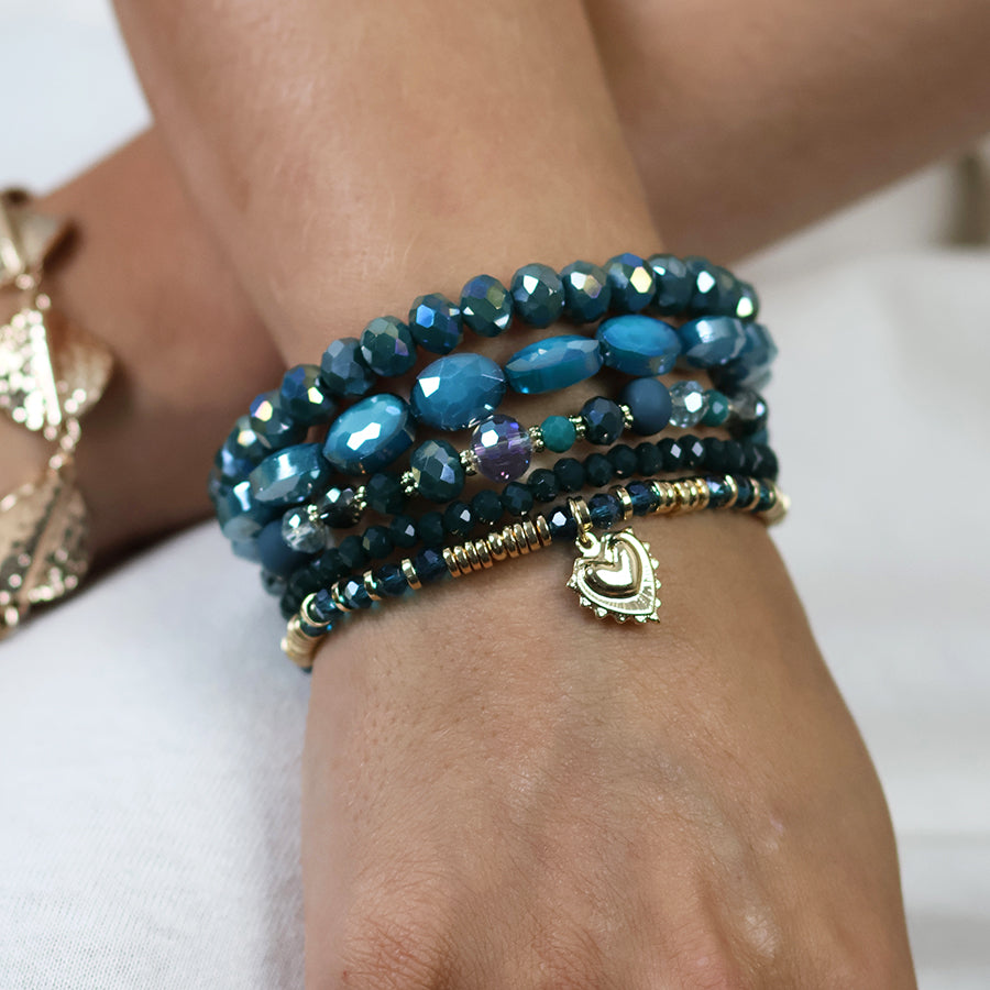 Five Stack Bracelets in Teal with Gold Heart