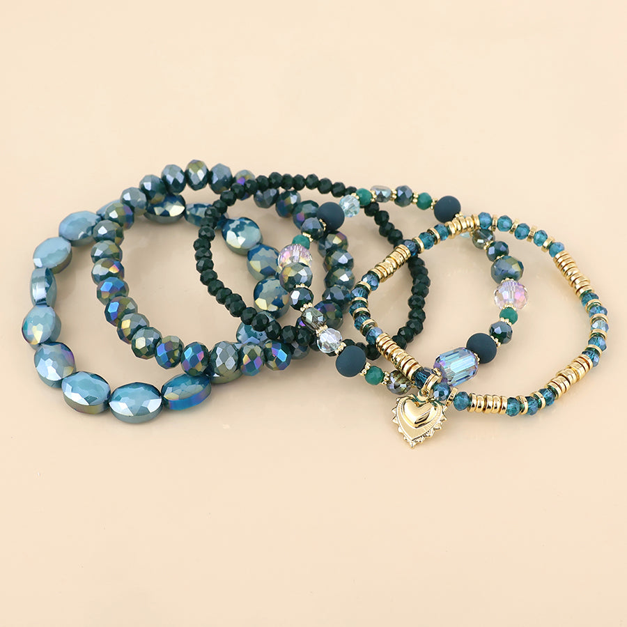 Five Stack Bracelets in Teal with Gold Heart