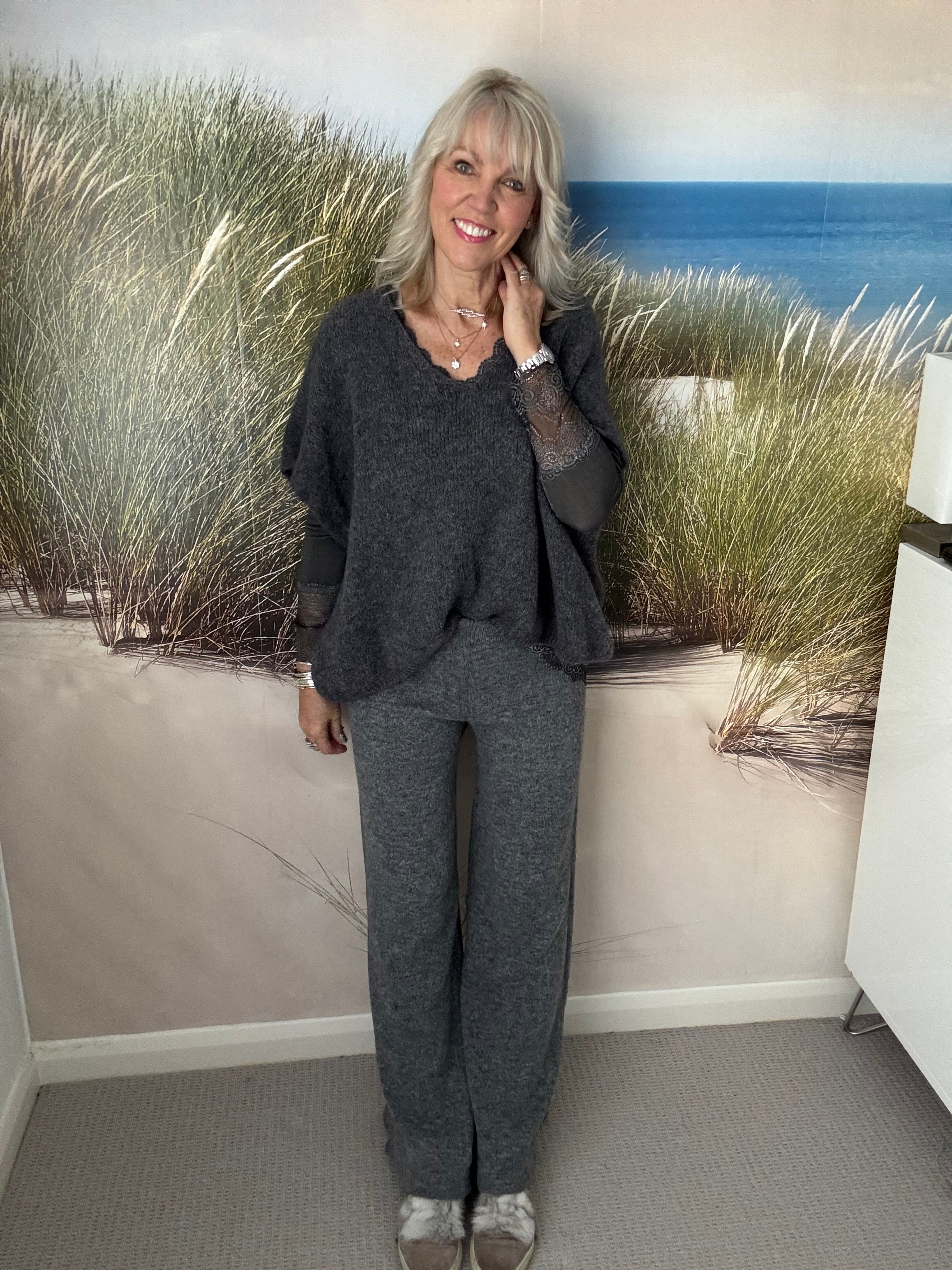 Wide Leg Knitted Trousers in Charcoal