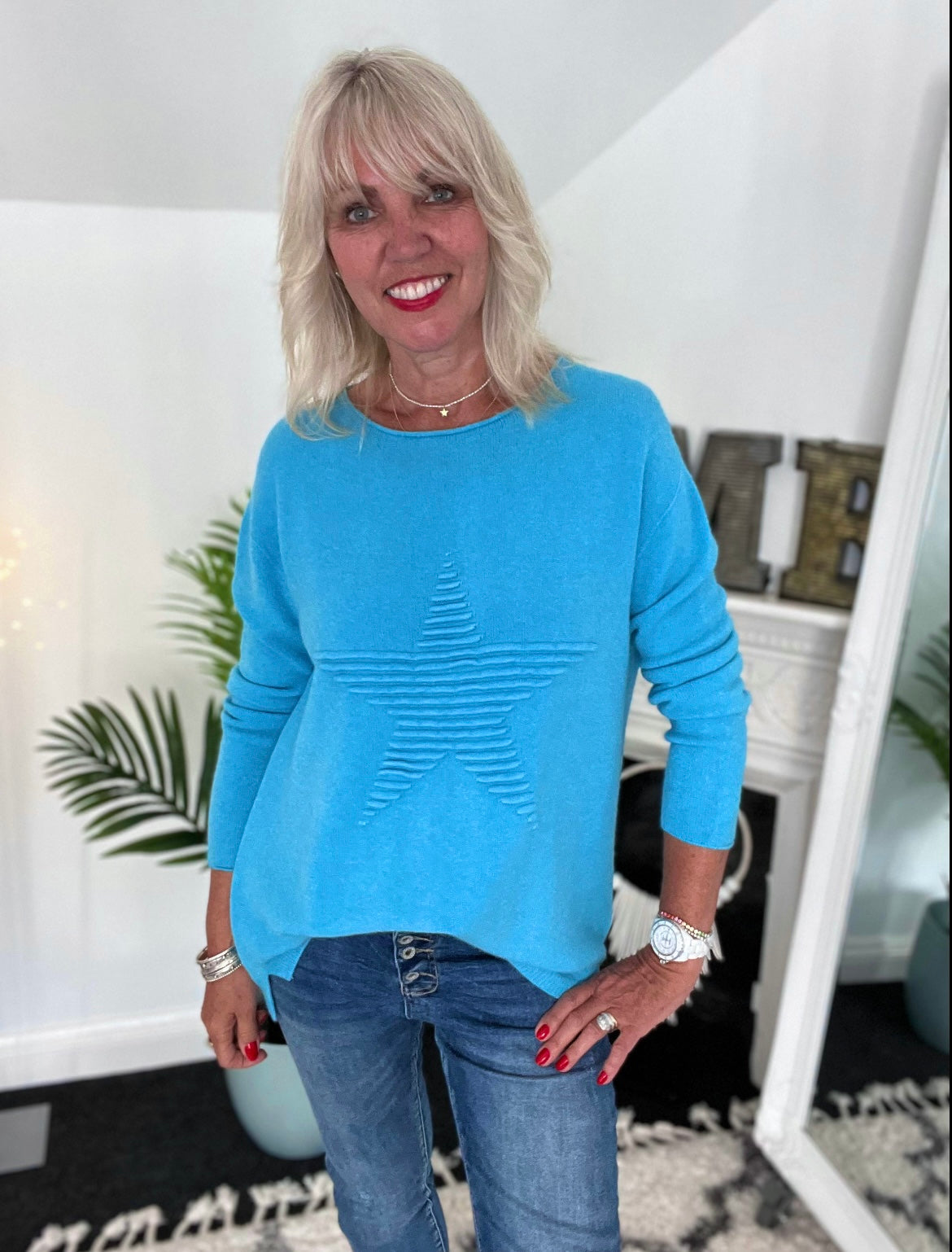 Ribbed Star Jumper in Turquoise Blue