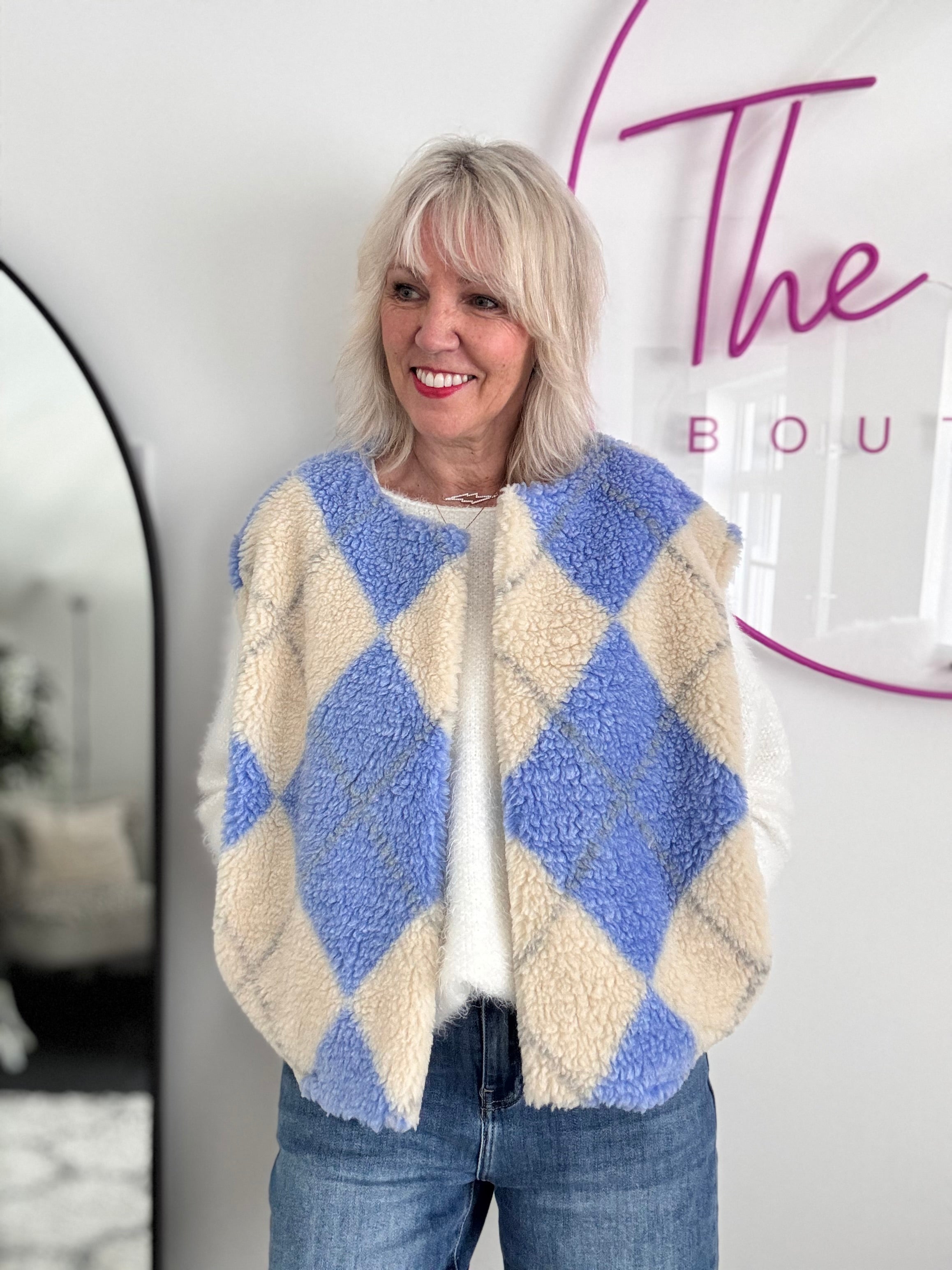 Check Teddy Gilet in Blue & Vanilla