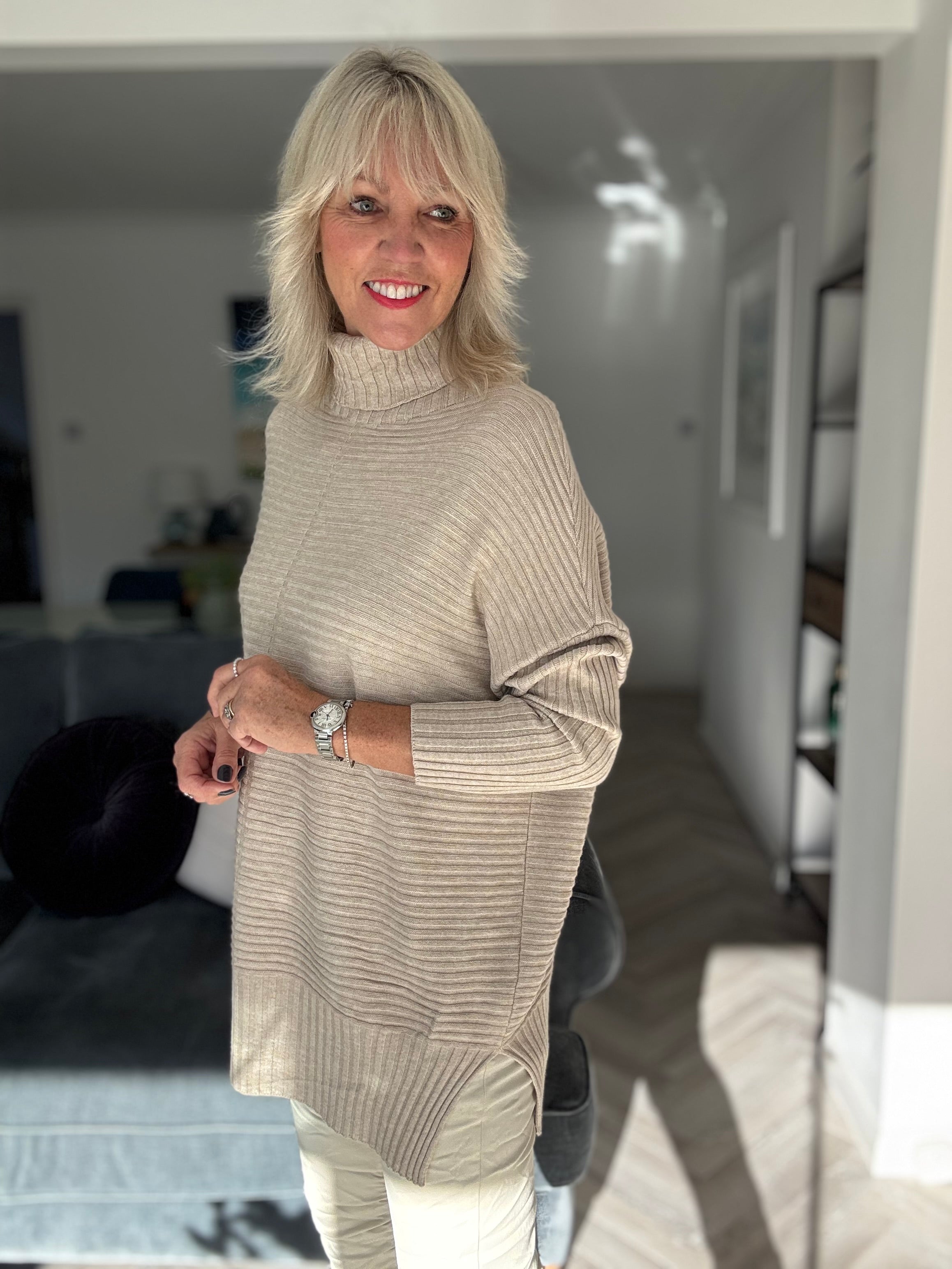 Ribbed Roll Neck Poncho Jumper in Latte