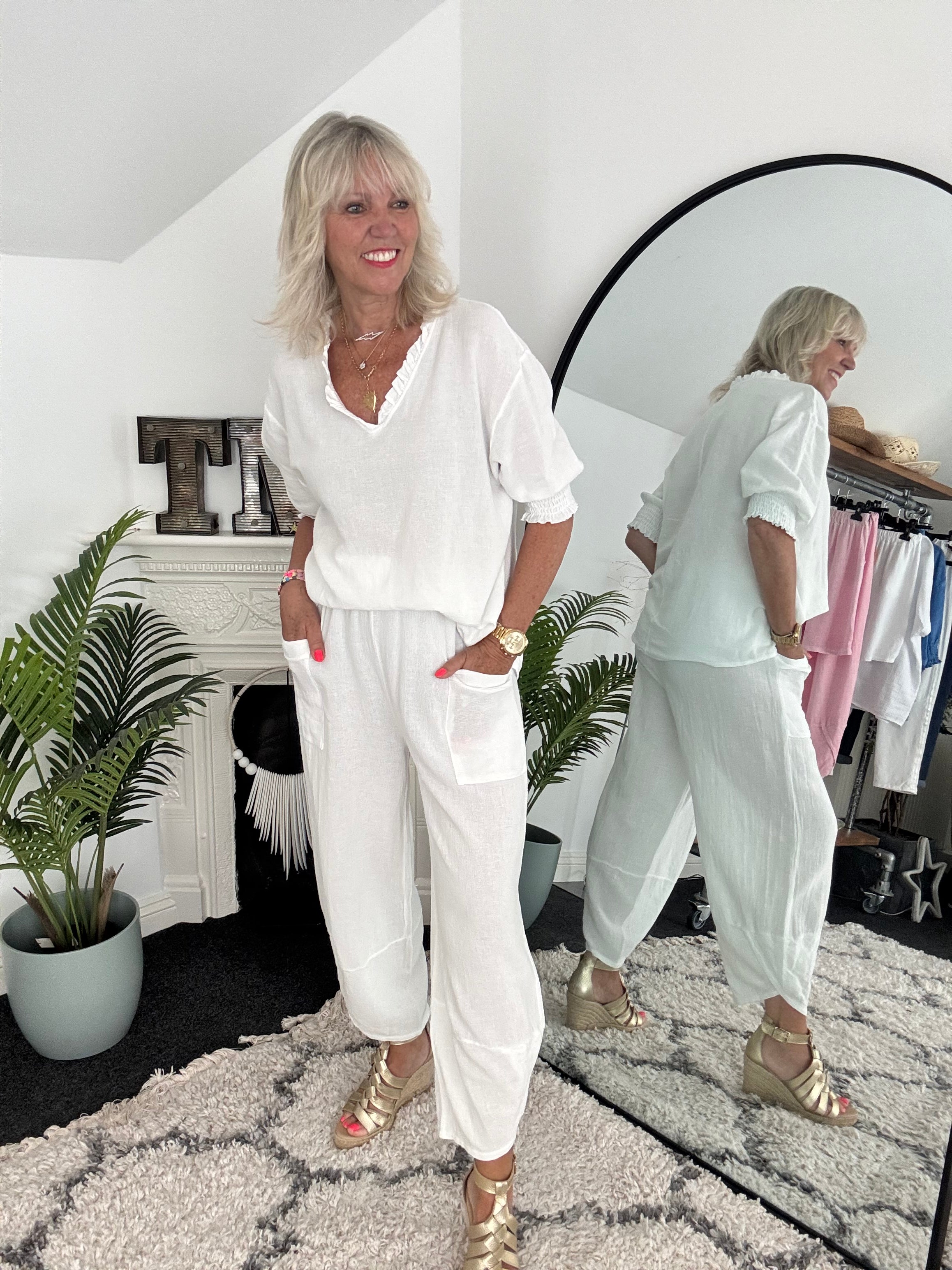 Linen & Cotton Barrel Trousers in White