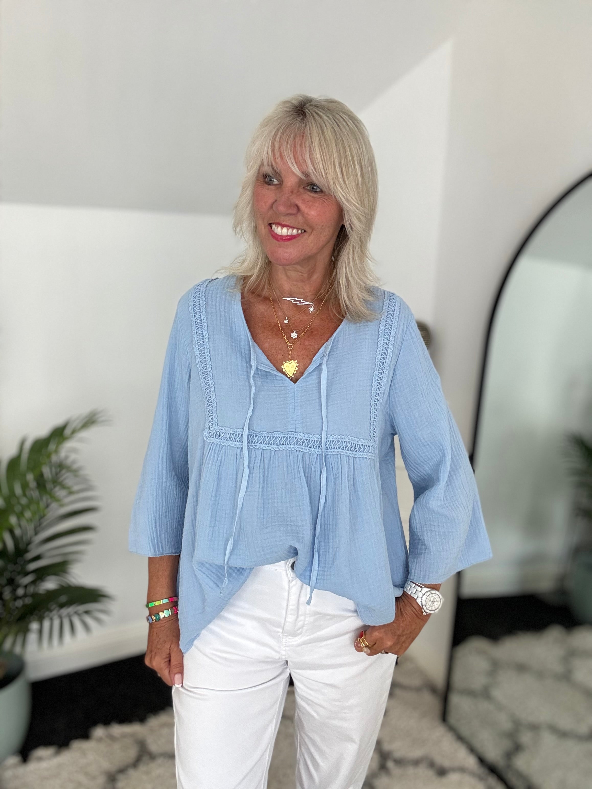 Cheesecloth Folk Blouse in Blue
