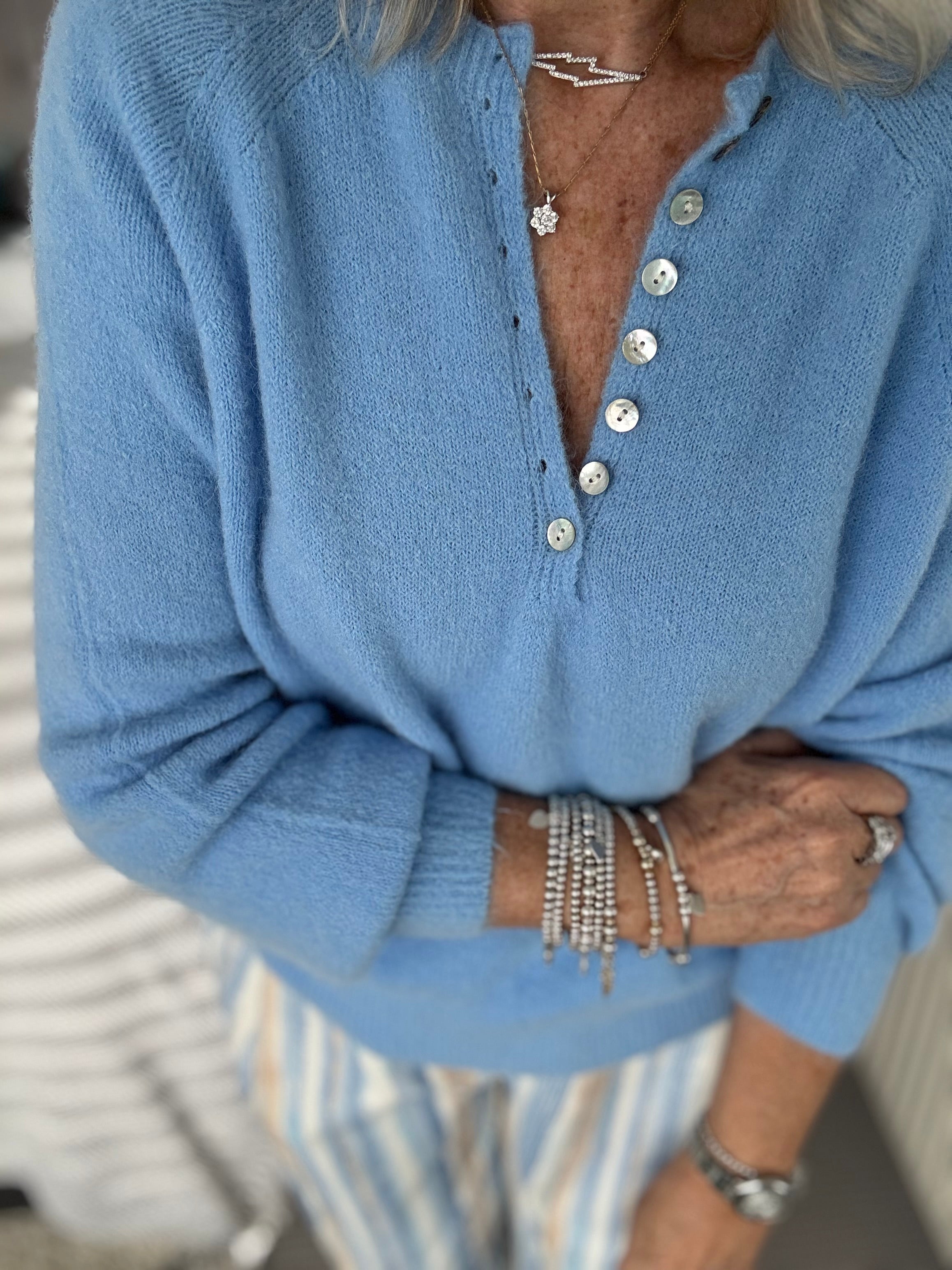 Softie Jumper with Button Neck in Soft Blue