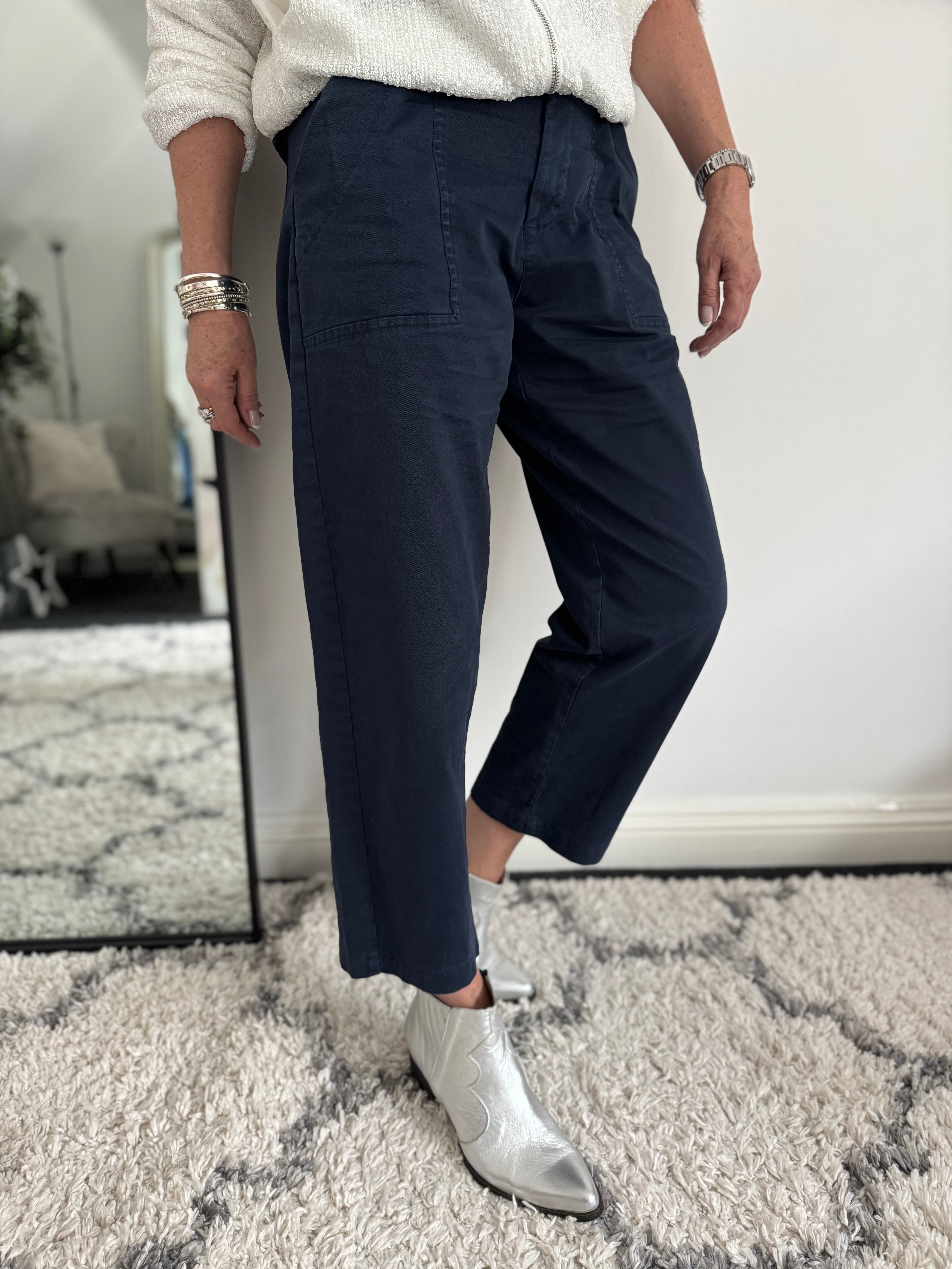 Slim Barrel Leg Trousers in Navy