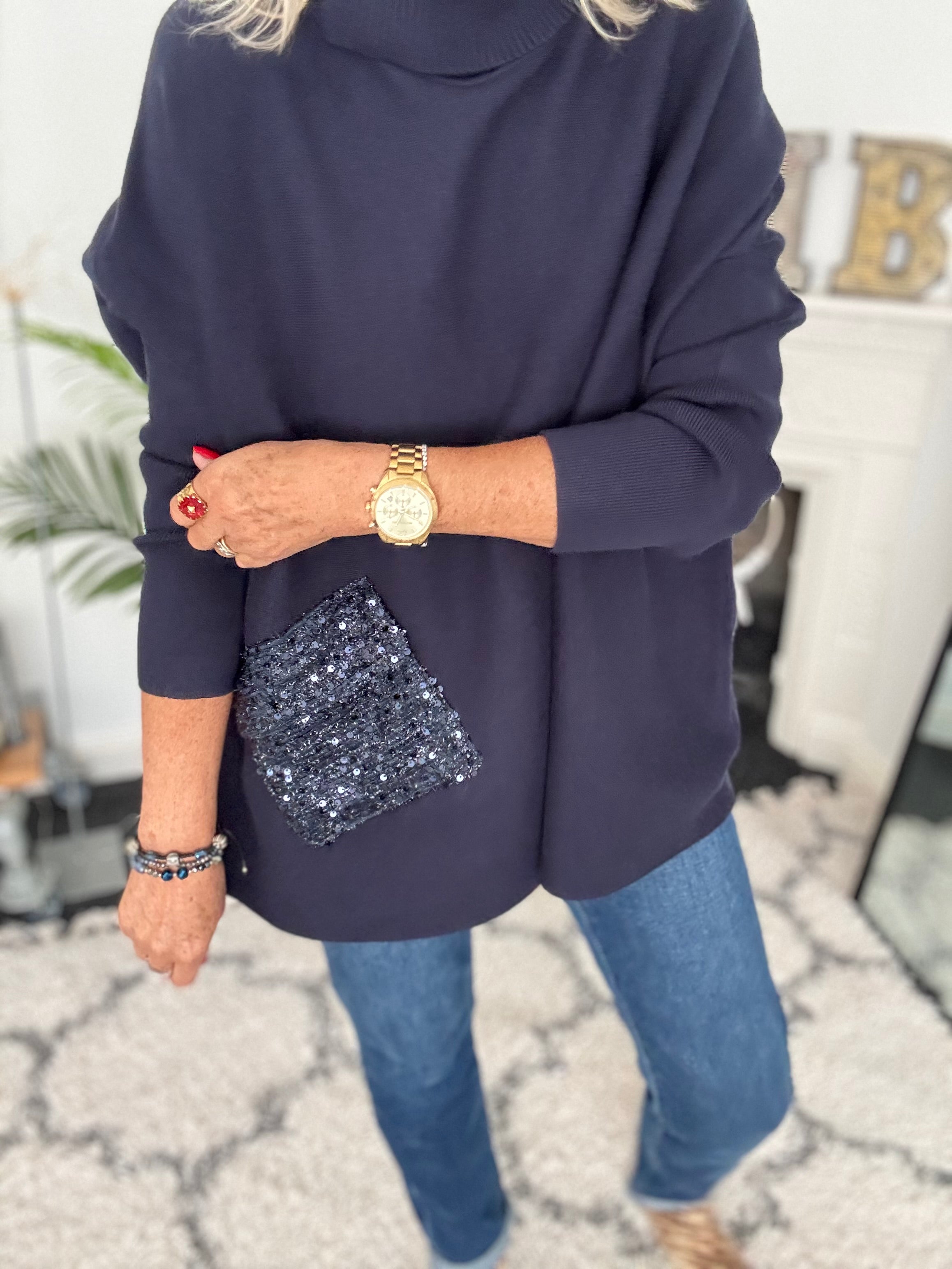 Oversized Roll Neck Poncho Jumper in Ink