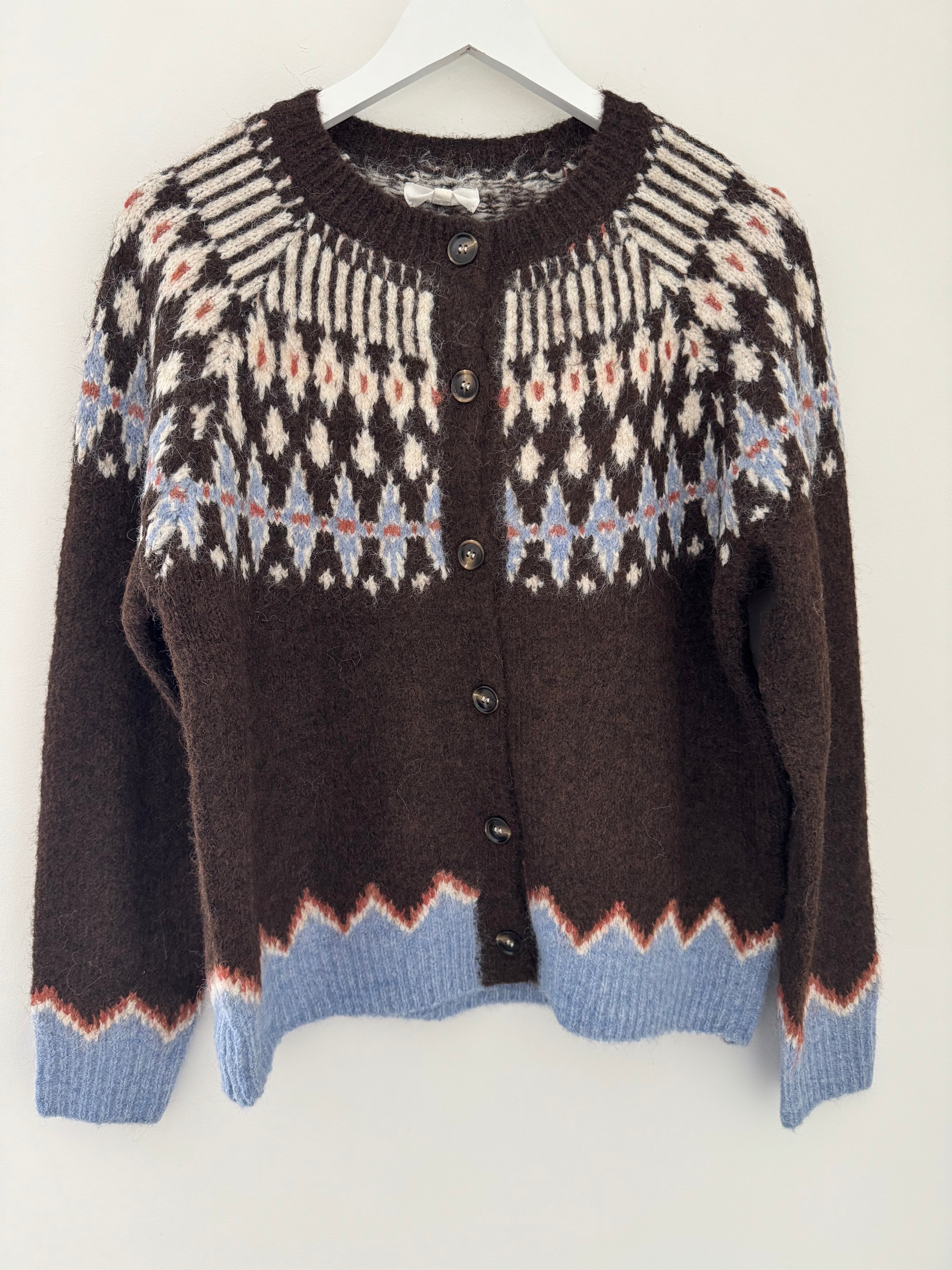 Fair Isle Cardi in Chocolate & Blue