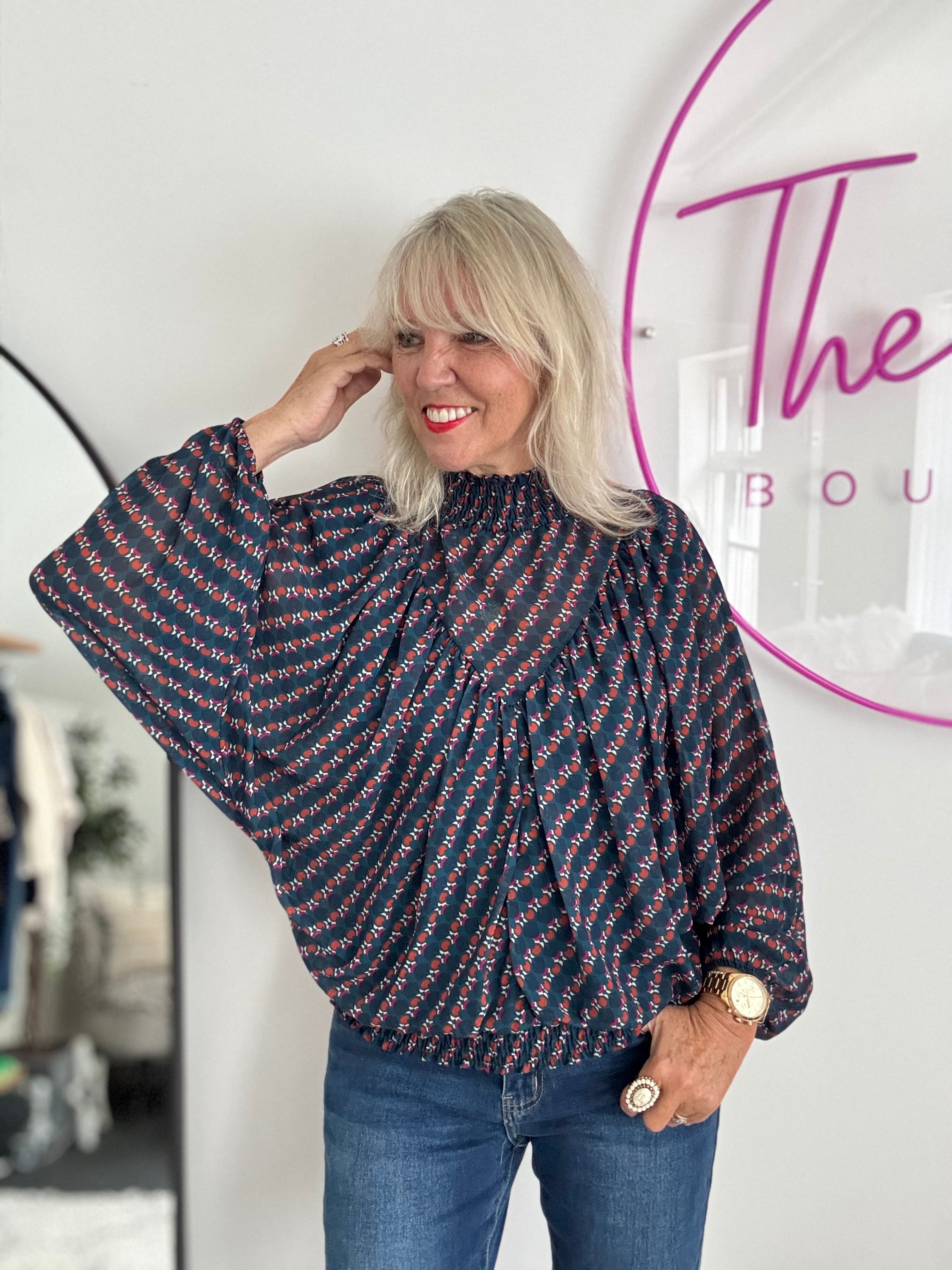 High Neck Blouse in Teal & Cherry