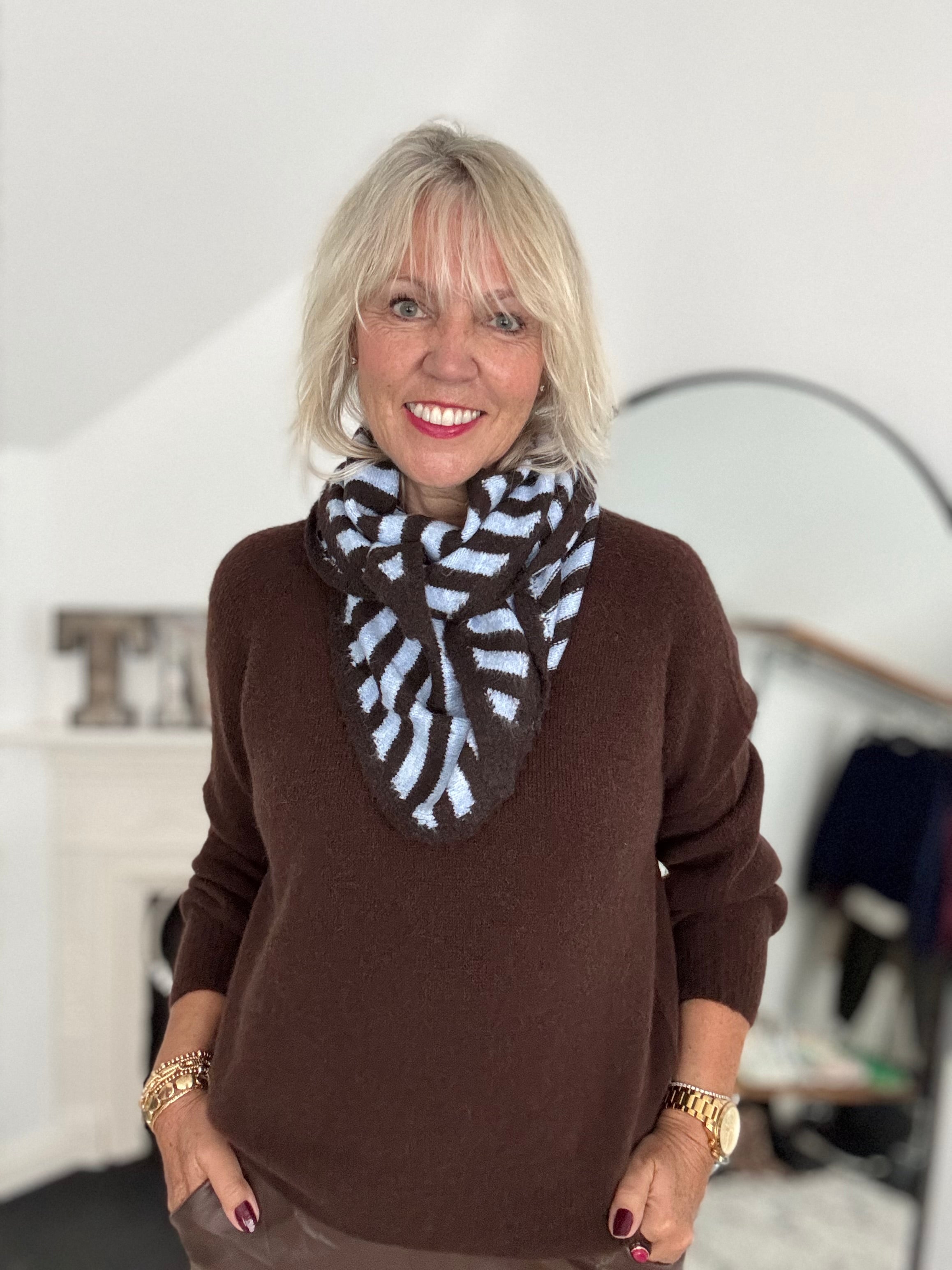 Triangle Scarf in Blue & Cocoa Stripe