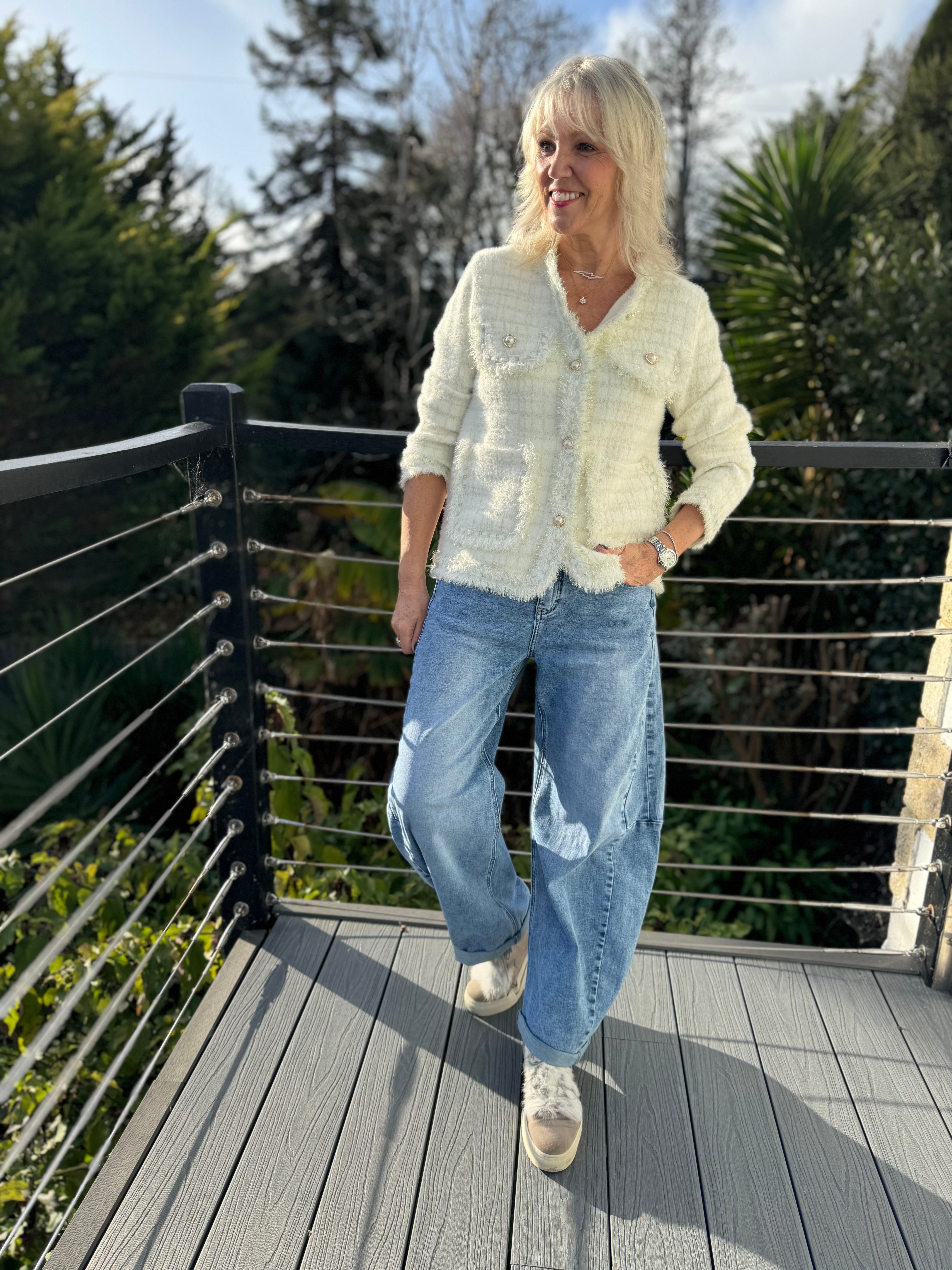 Pearl Button & Tweed Cardi Jacket in Ivory & Gold