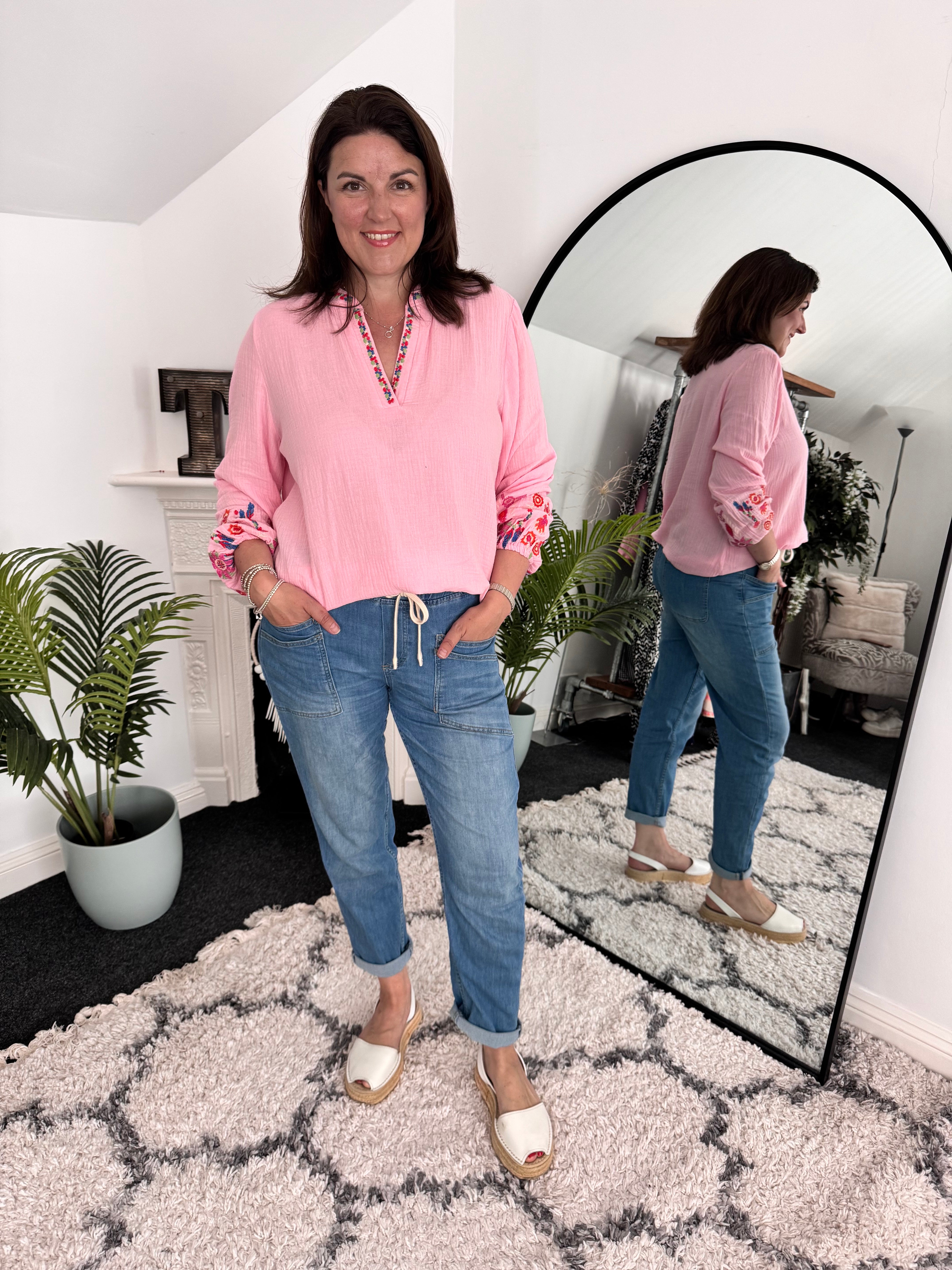 Embroidered Cheesecloth Blouse in Candy Pink