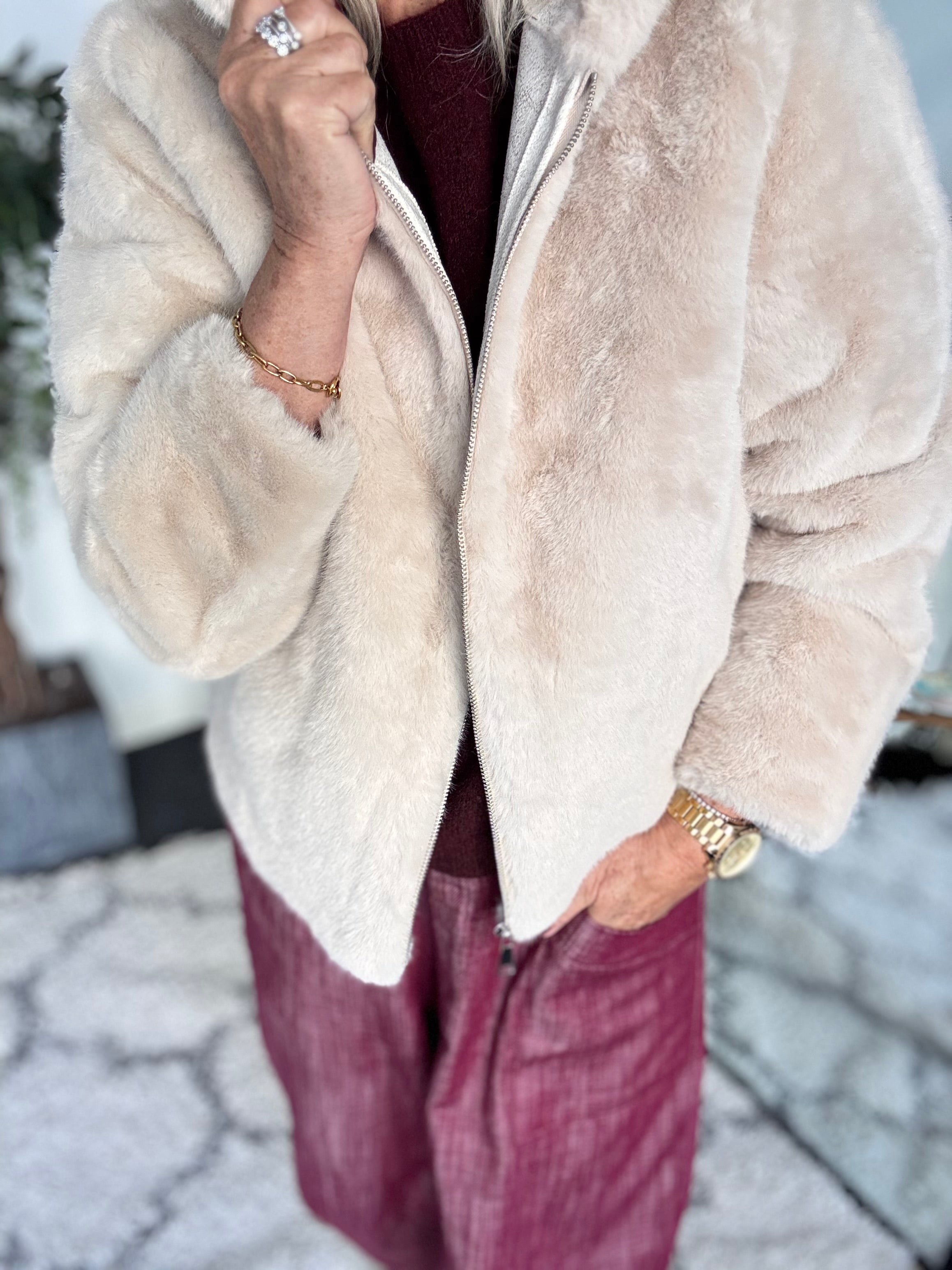 Hooded Fur Jacket in Ecru