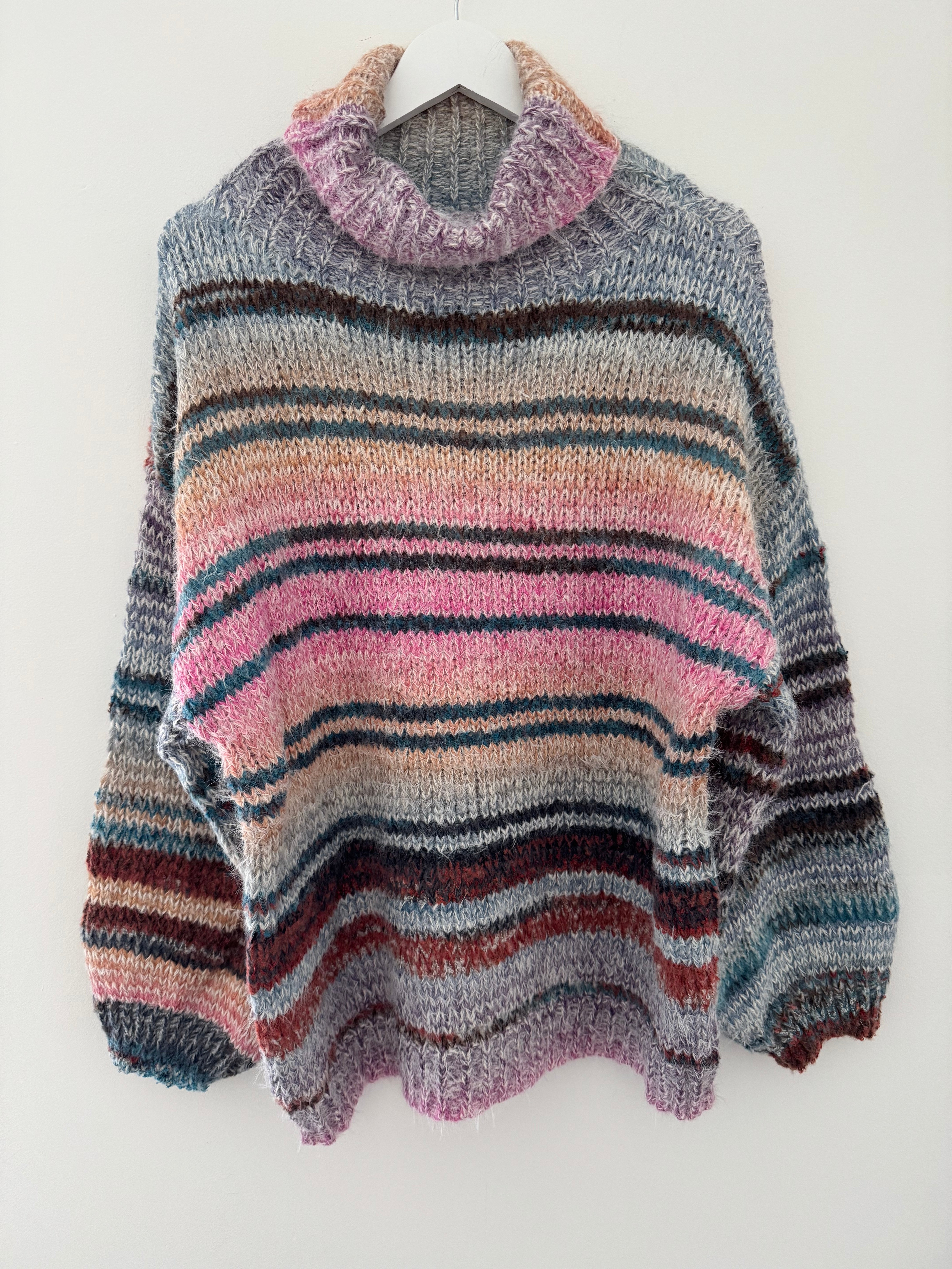 Oversized Stripe Roll Neck Jumper in Pink & Teal