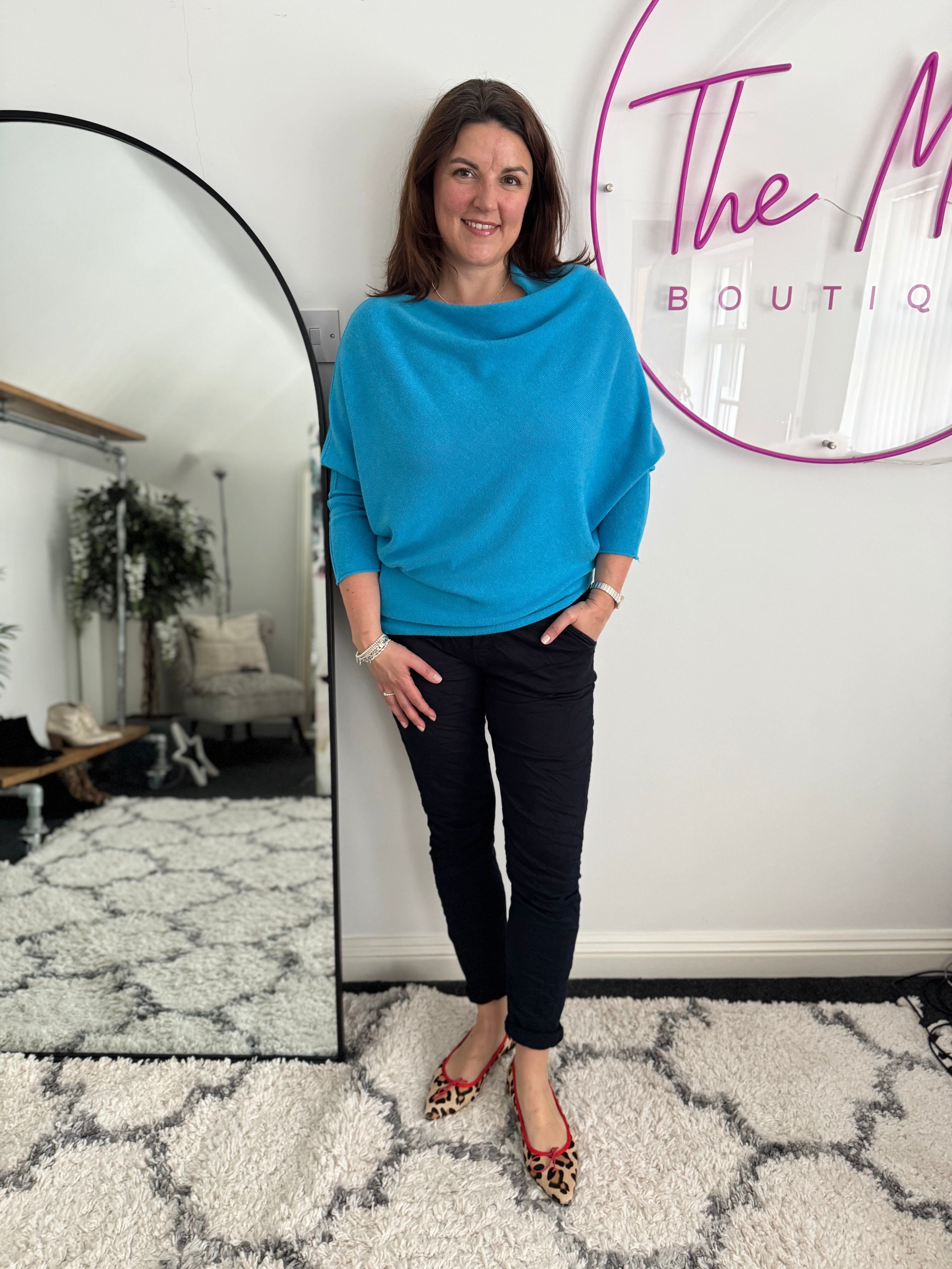 Cowl Neck Asymmetric Jumper in Turquoise