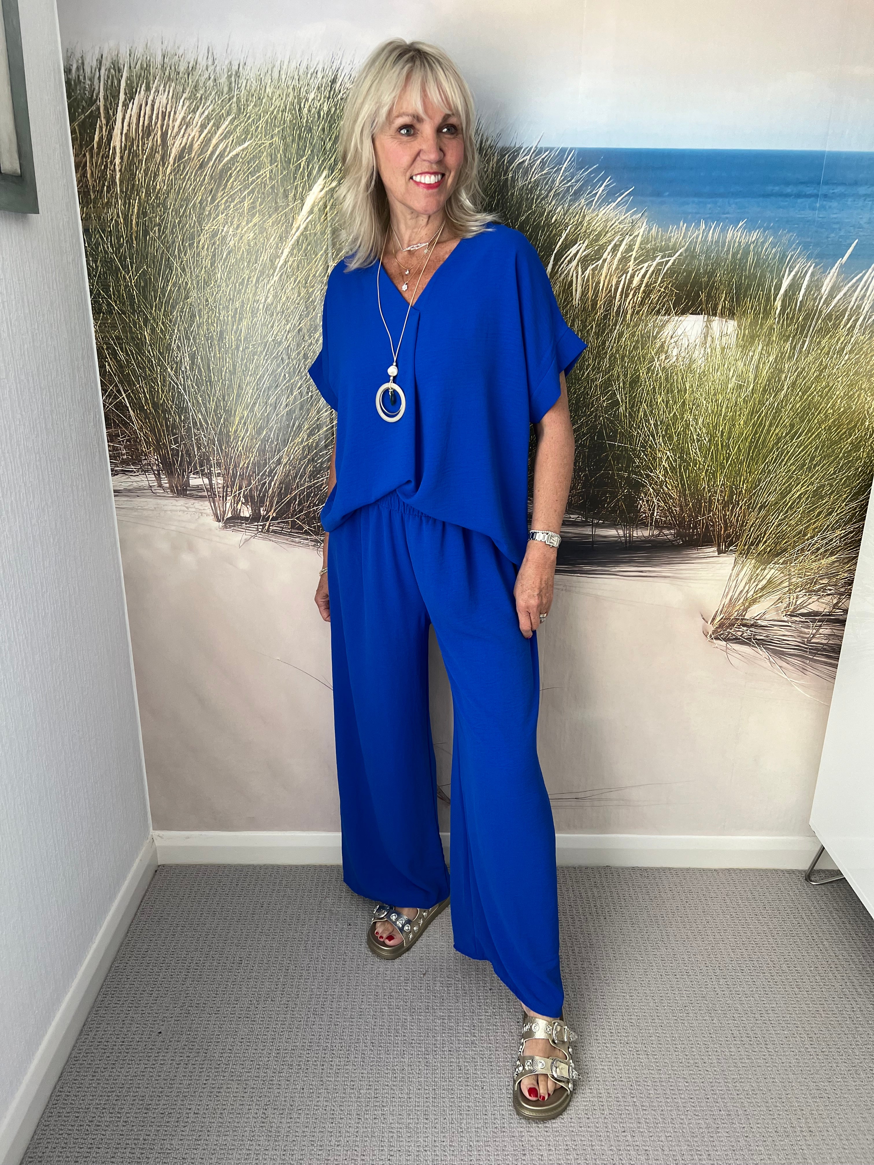 Wide Leg Crepe Trousers in Blue