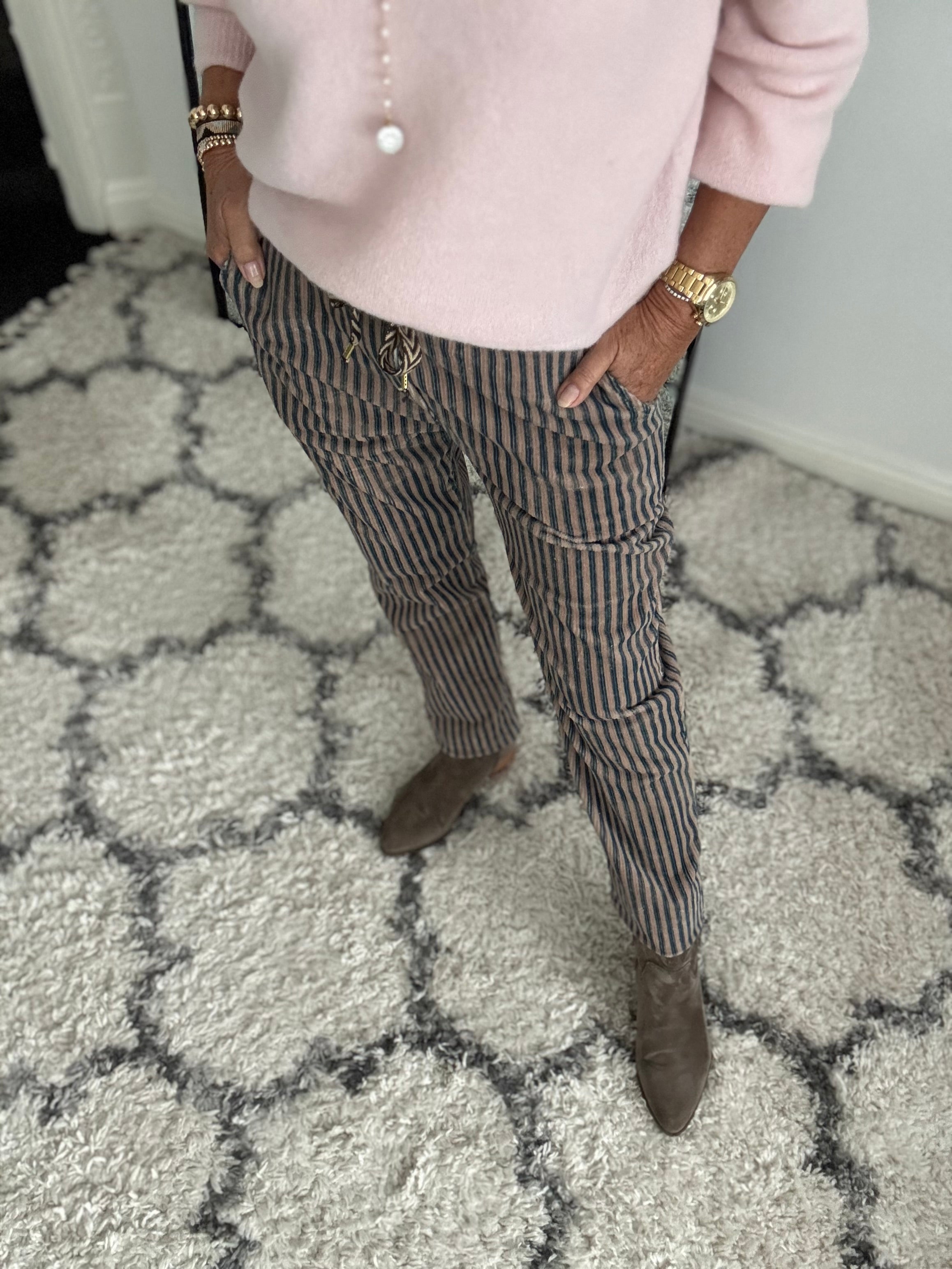 Chenille Cord Joggers in Mocha & Teal Stripe