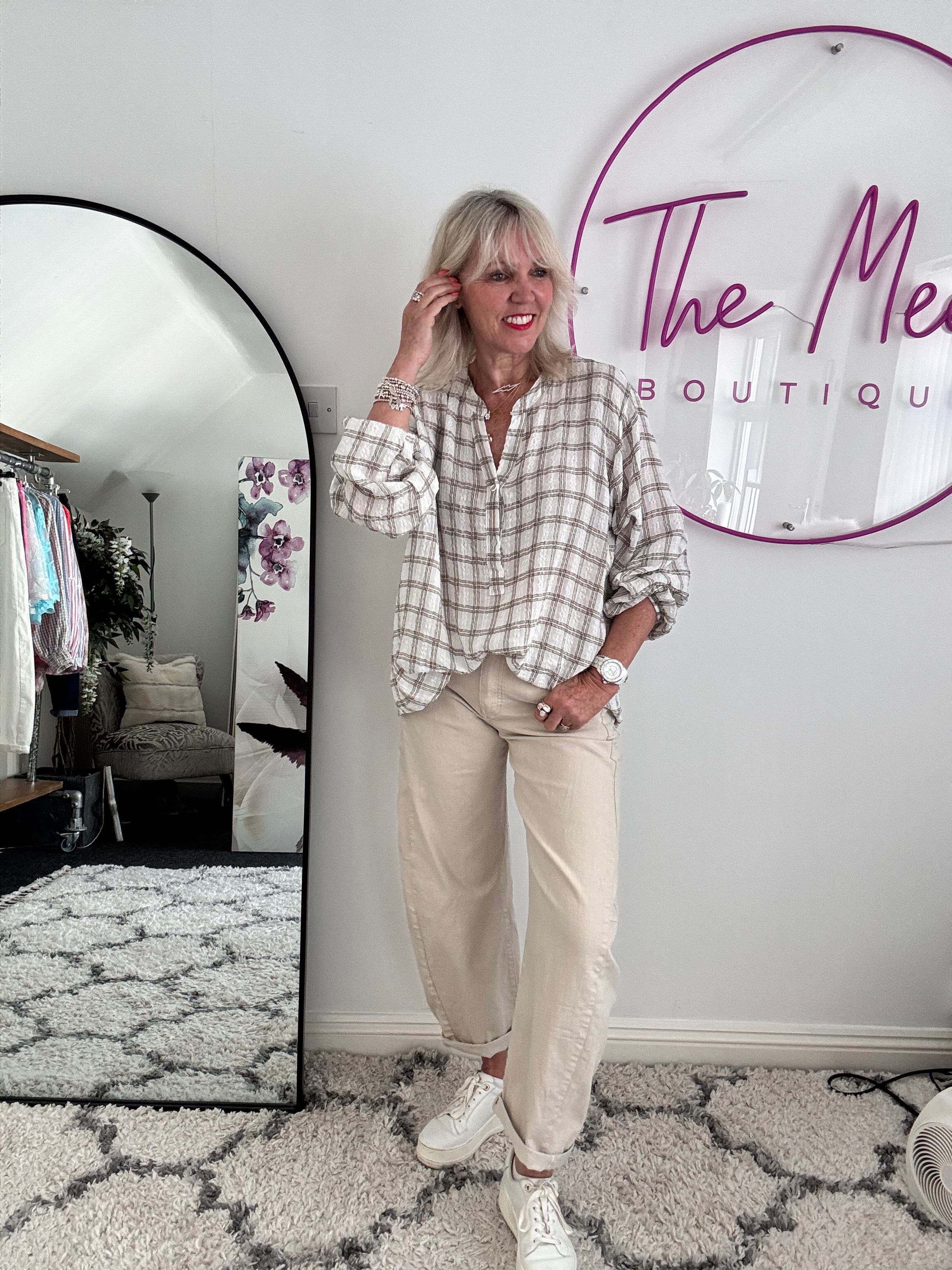 Checked Seersucker Shirt in Ivory