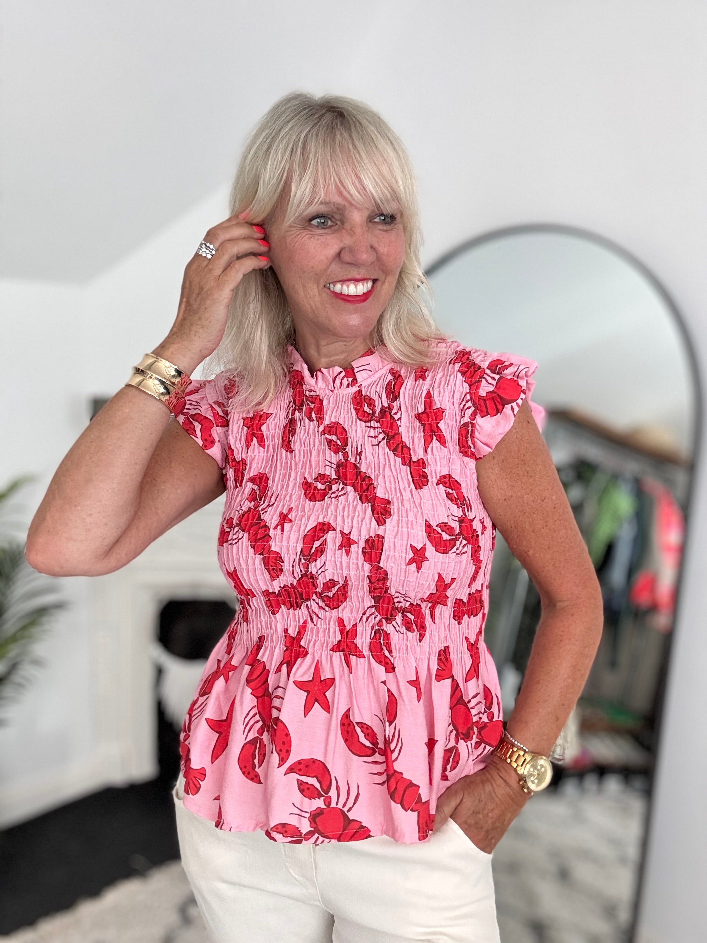 Shirred Lobster Top in Pink & Red