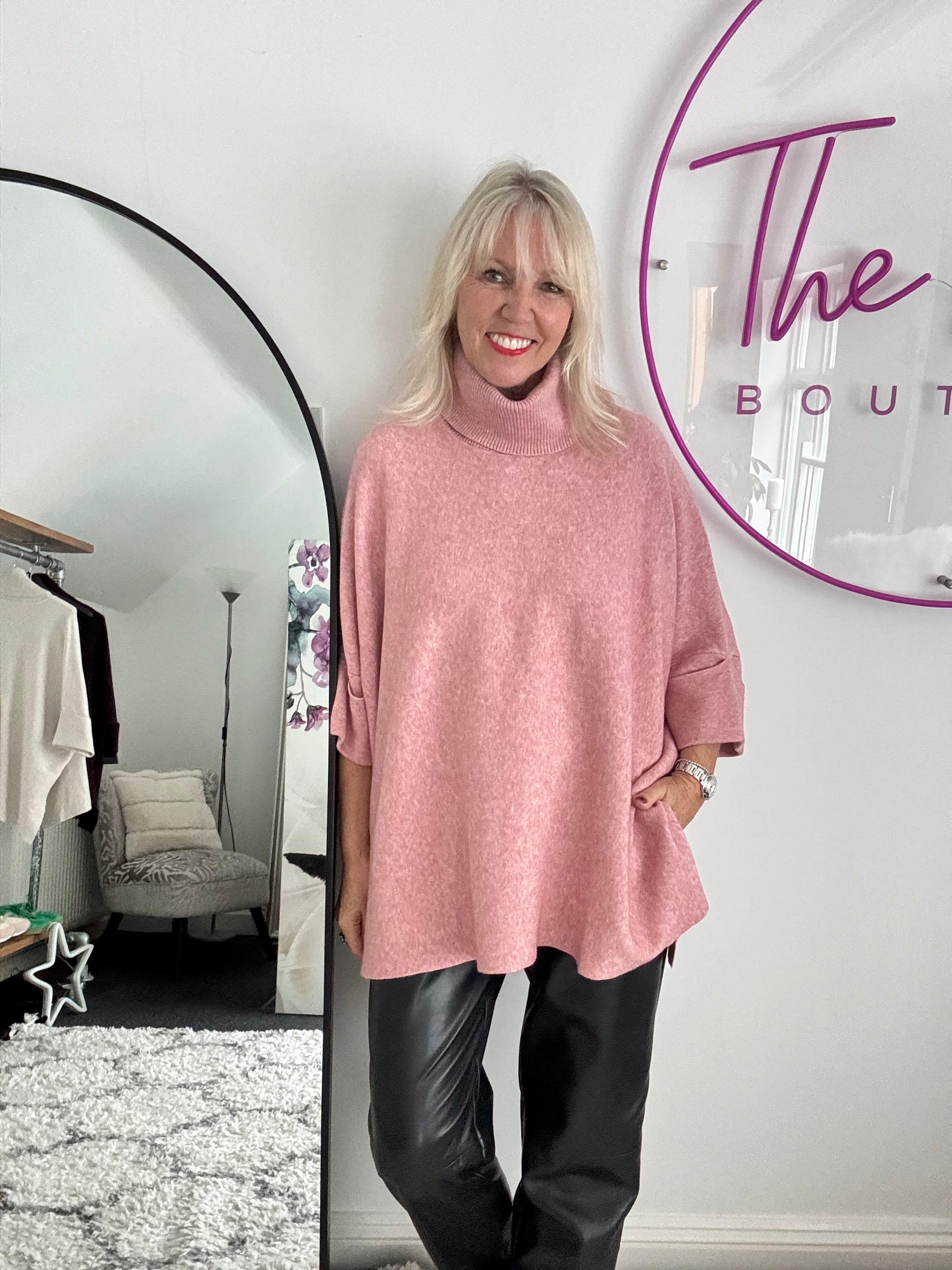 Oversized Roll Neck Poncho Jumper in Pink
