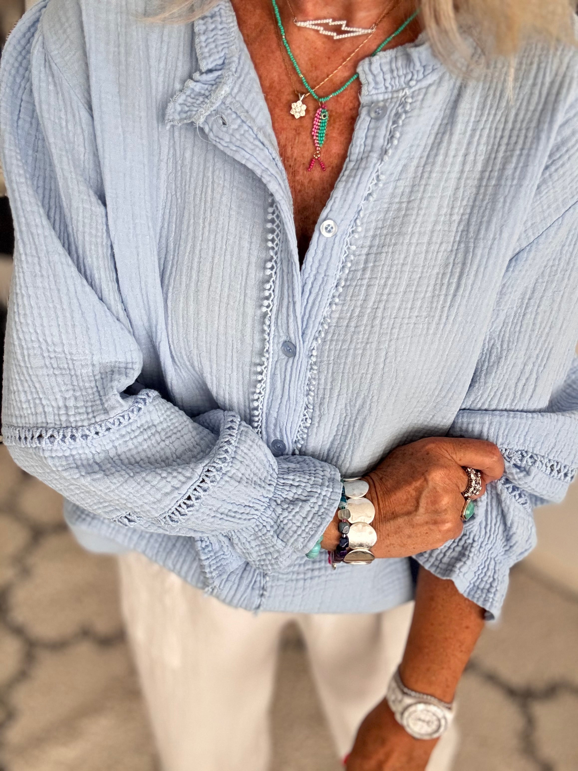 Detailed Cheesecloth Shirt in Light Blue