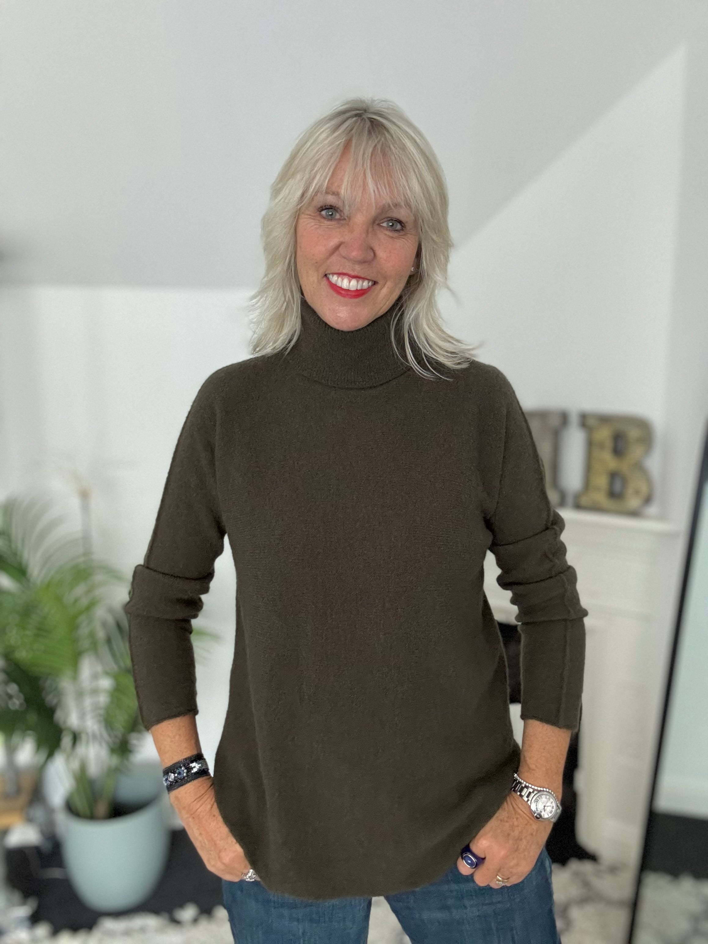 Simple Roll Neck Jumper in Khaki