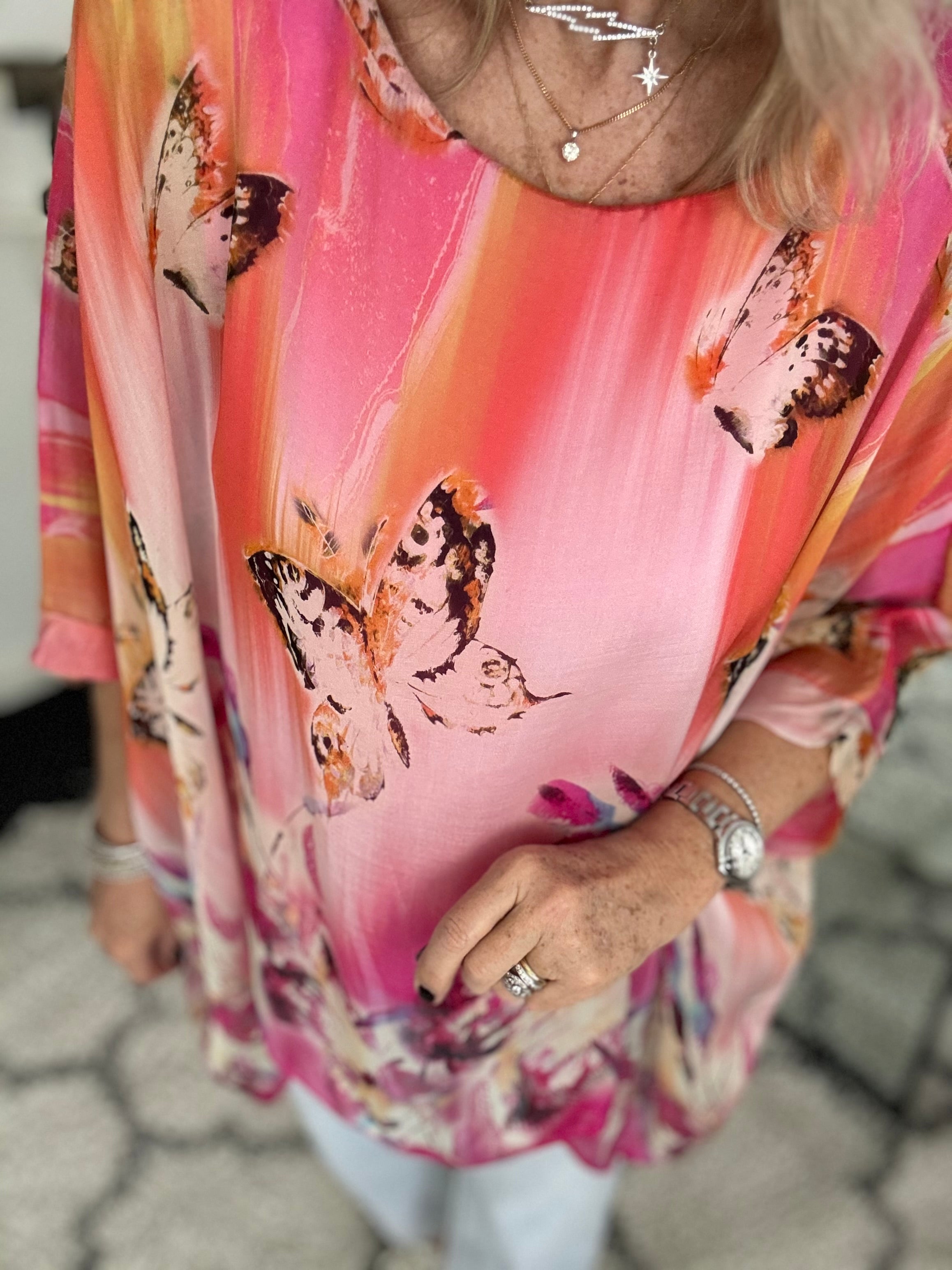 Silk Butterfly Top in Shades of Pink & Orange