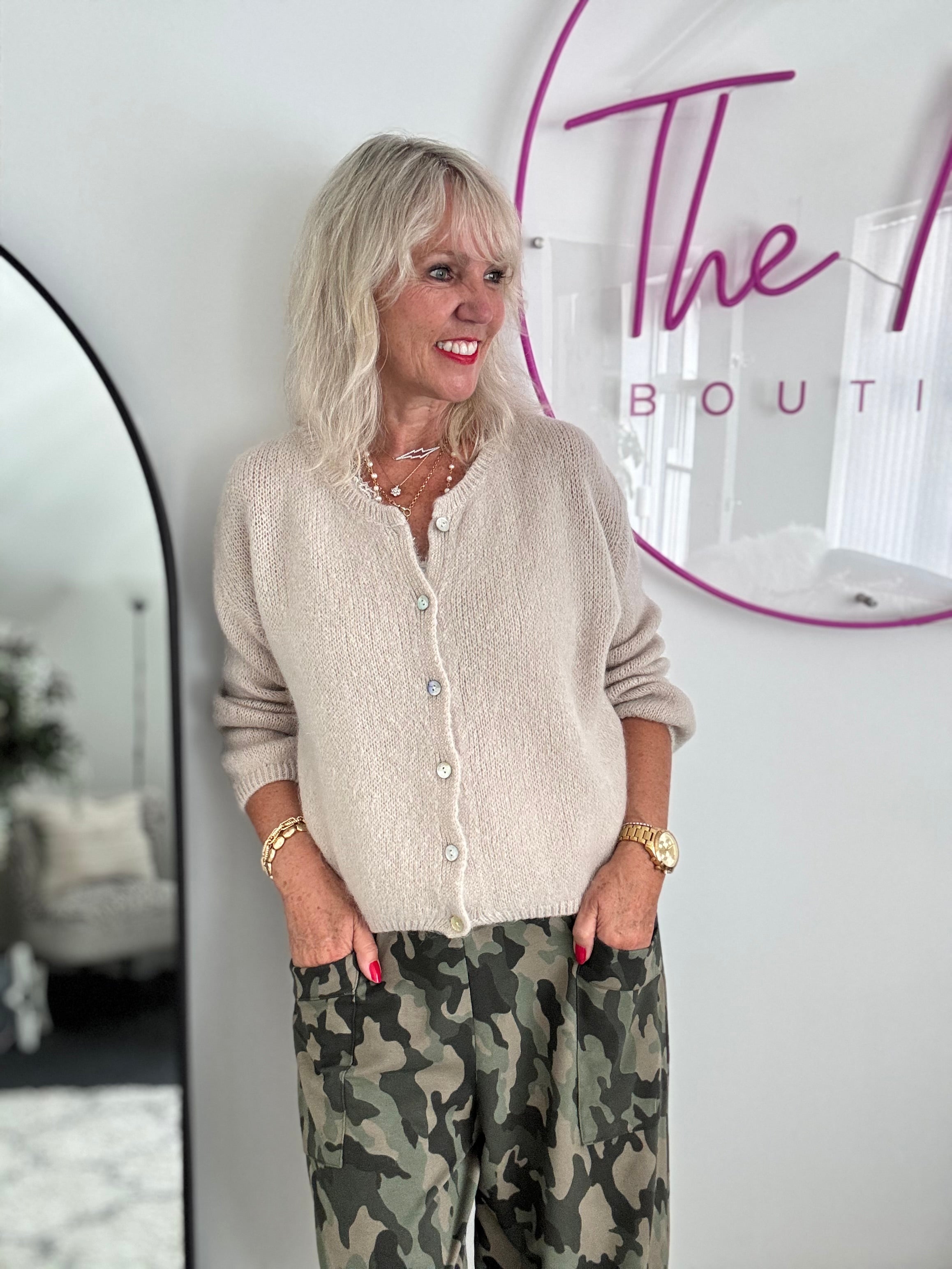Mohair Buttoned Cardi in Stone