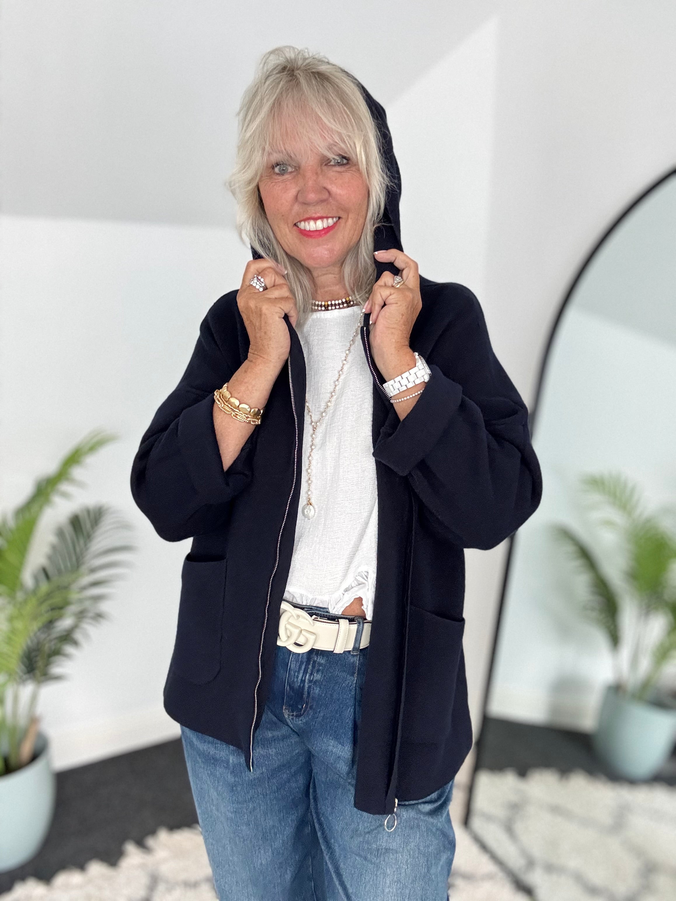 Hooded Zipped Coatigan in Navy