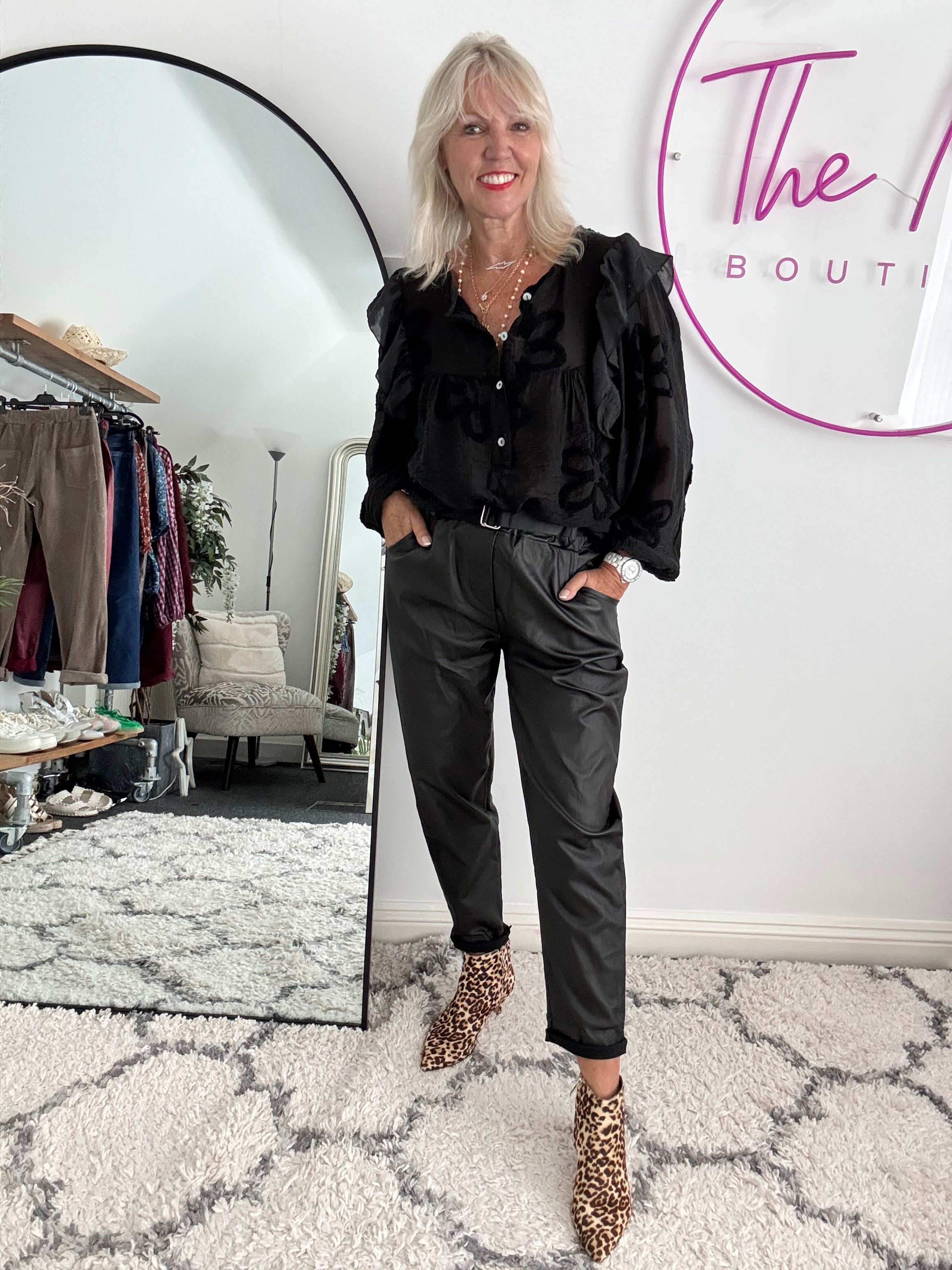 Super Stretch Waxed Barrel Trousers in Black