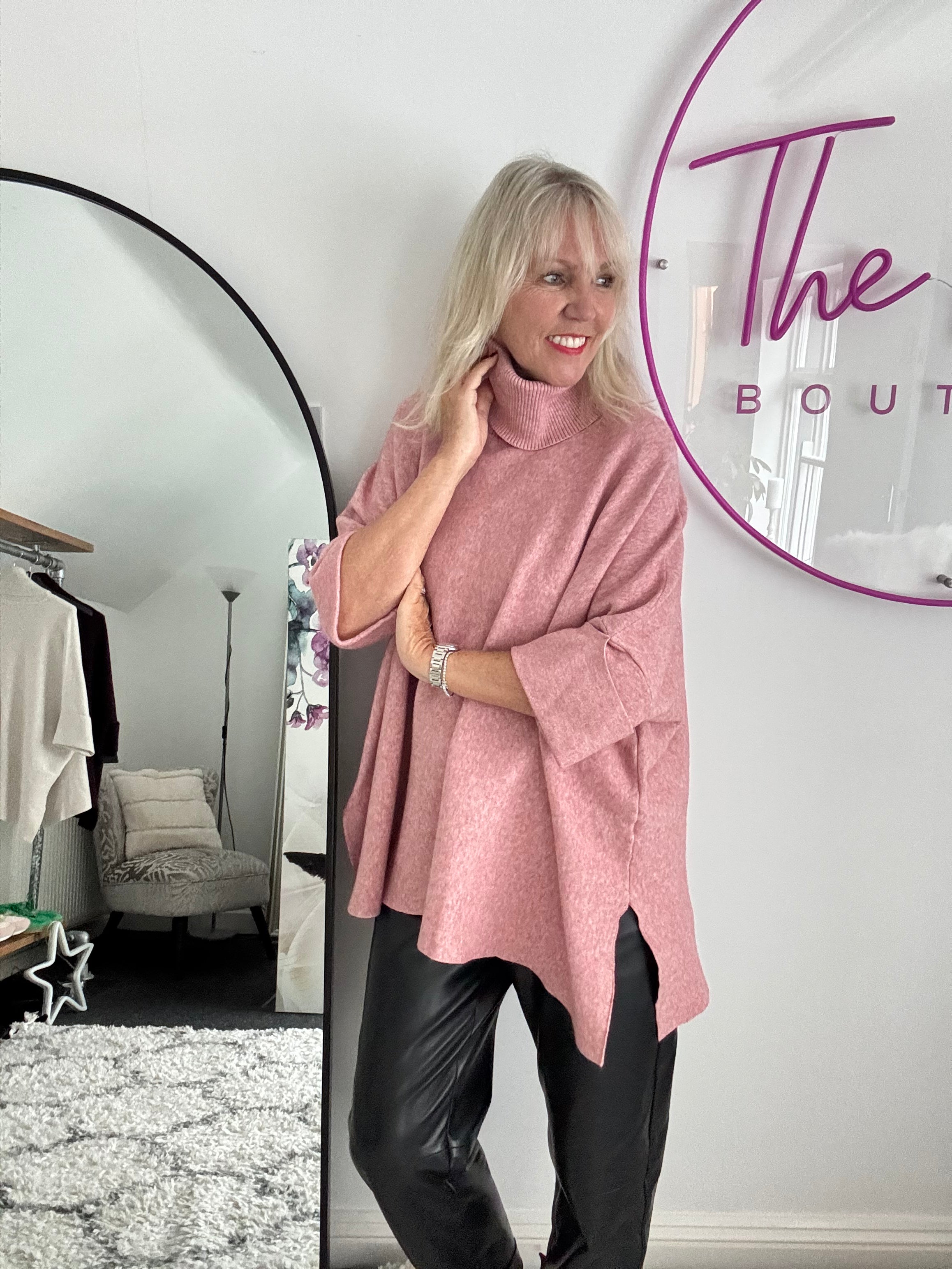 Oversized Roll Neck Poncho Jumper in Pink