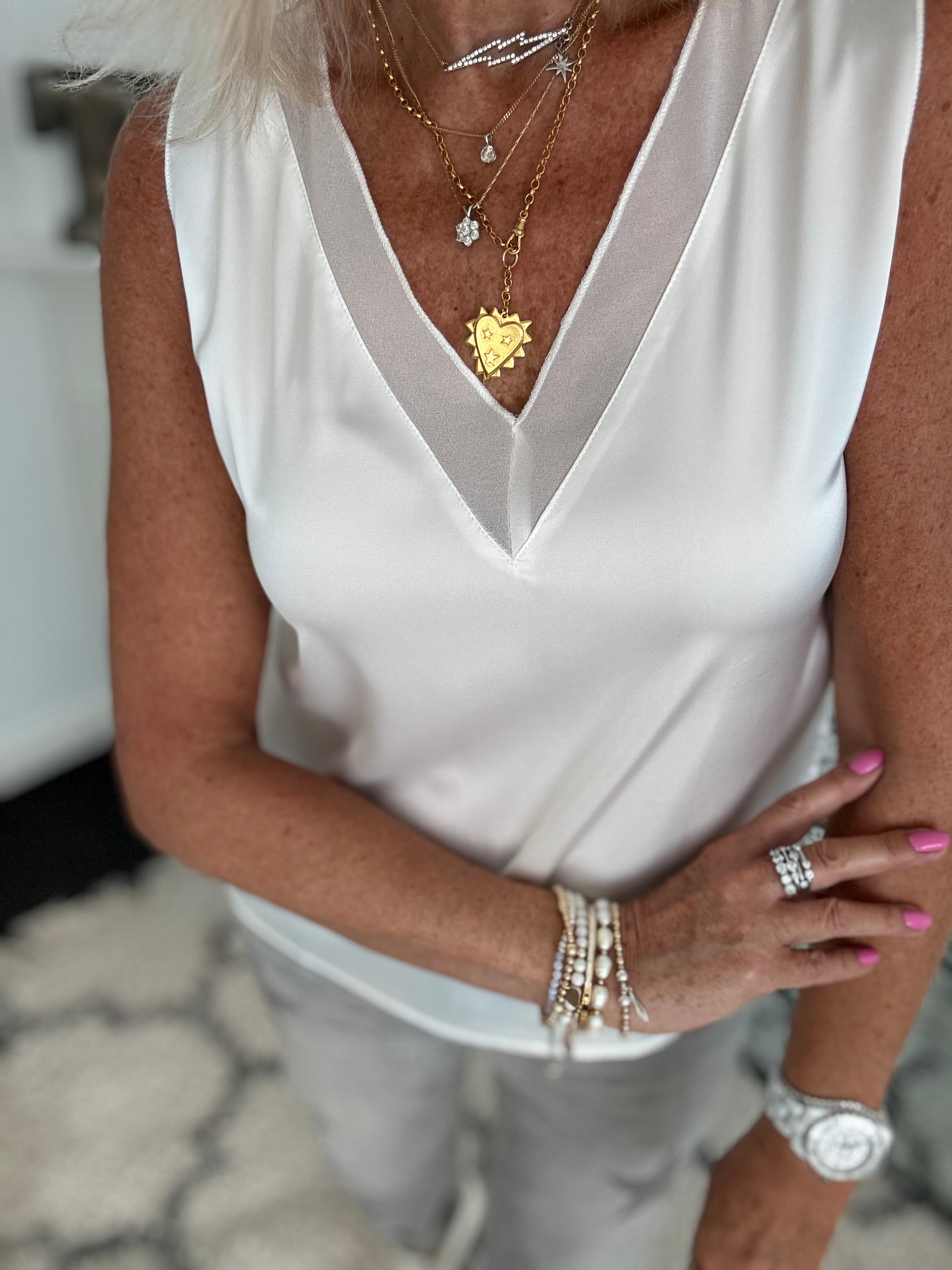 Silky V Neck Vest in Ivory