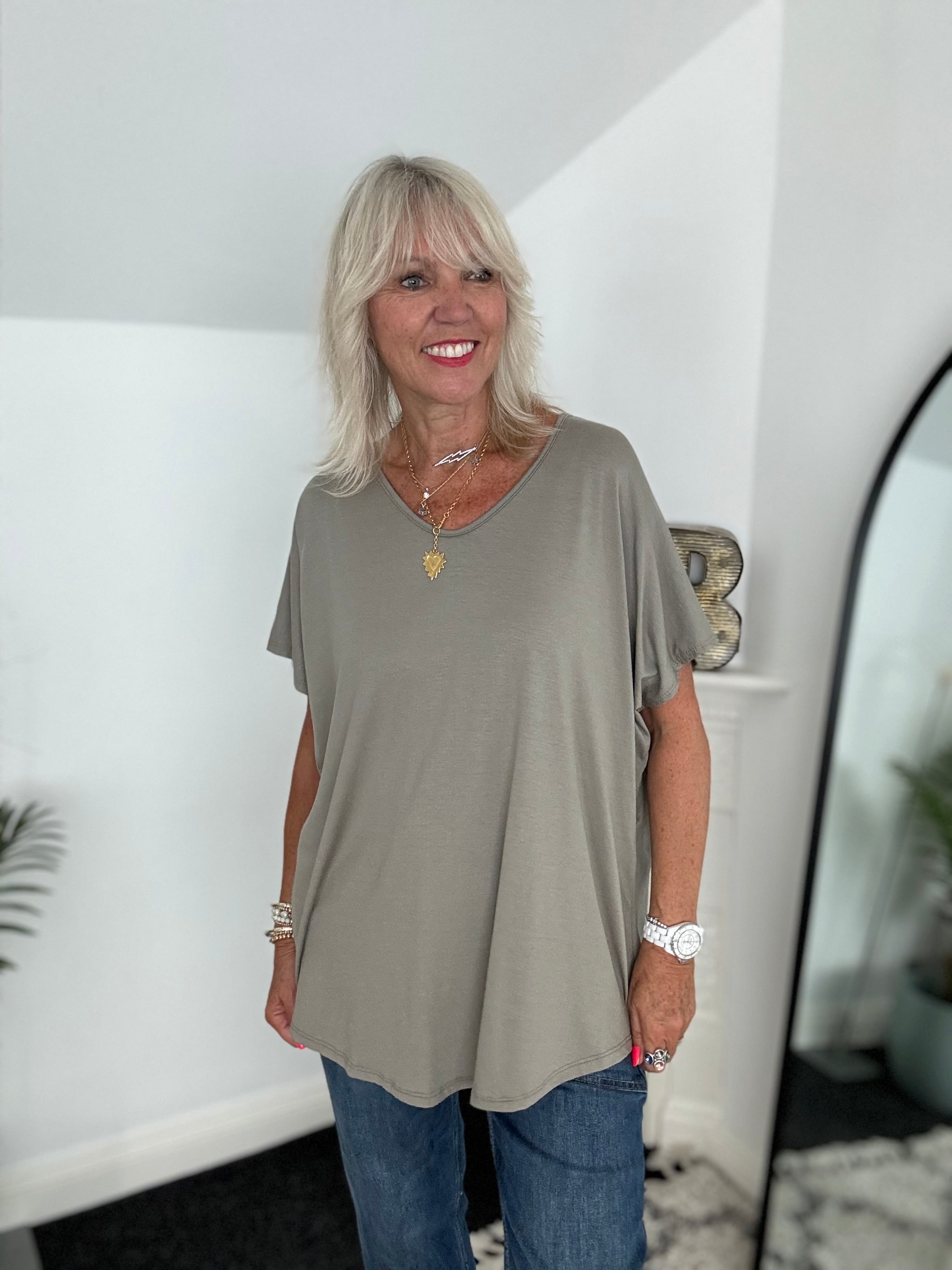 Oversized V Neck Tee in Taupe
