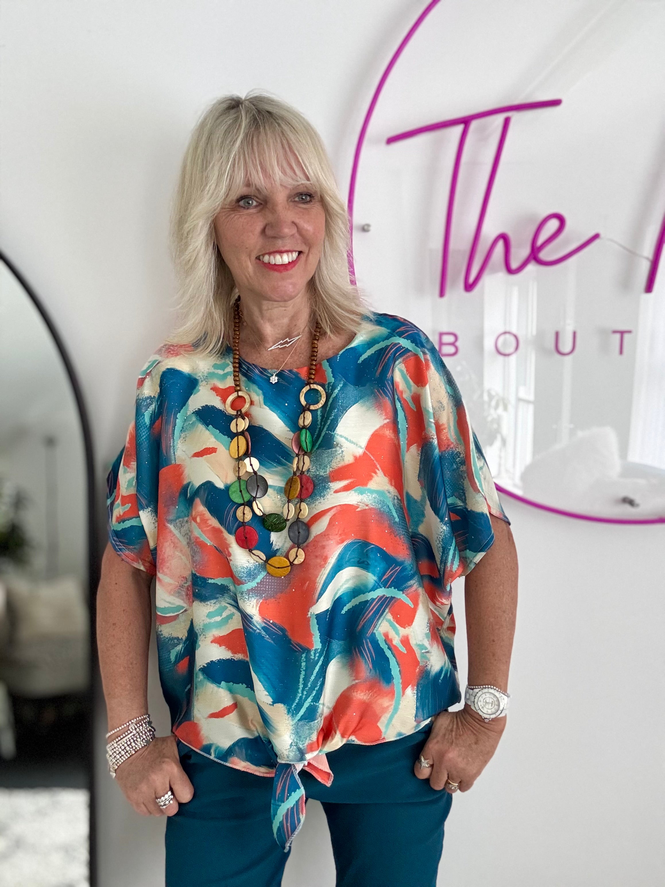 Silky Top with Necklace in Orange & Teal