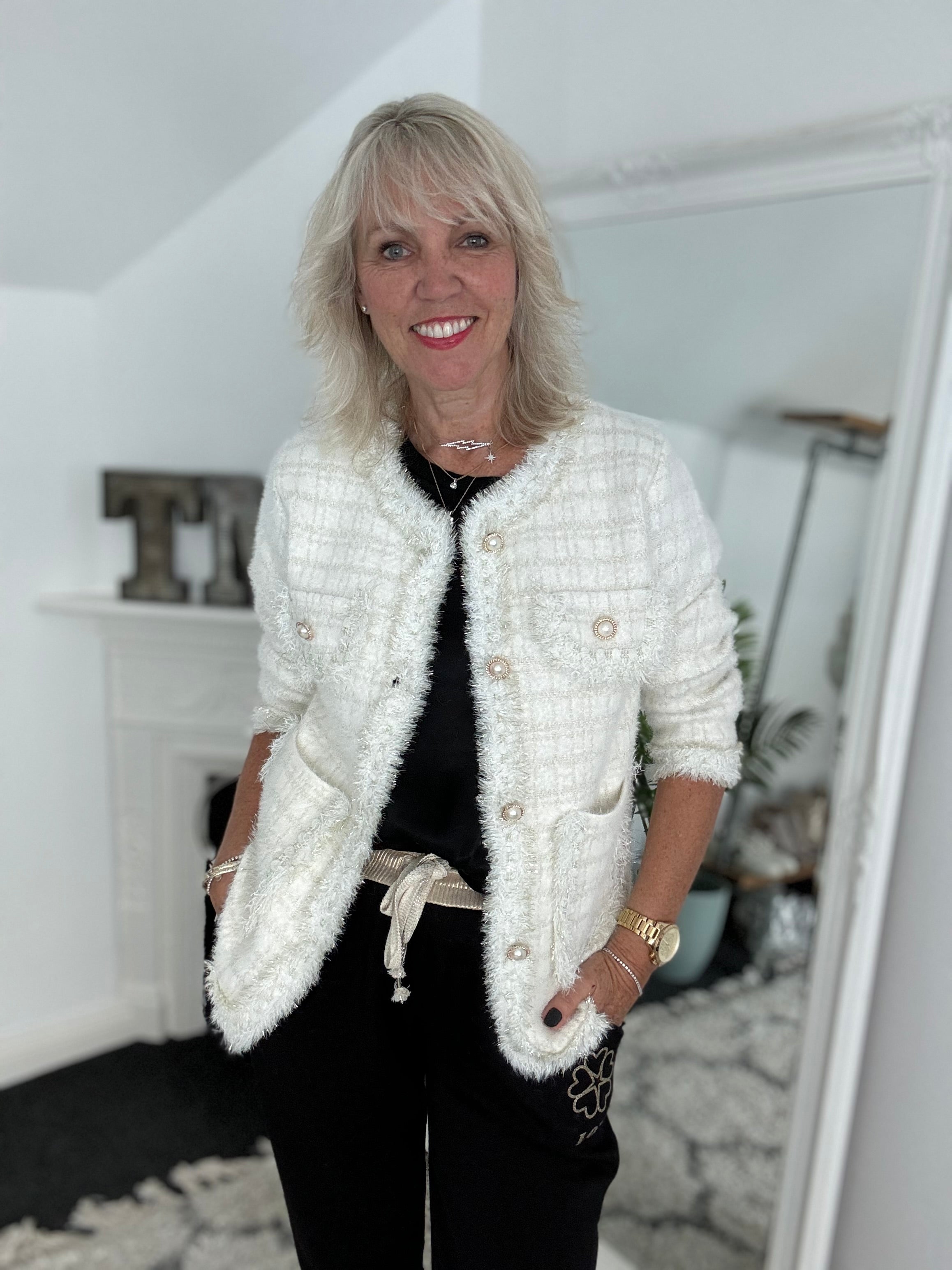 Pearl Button & Tweed Cardi Jacket in Ivory