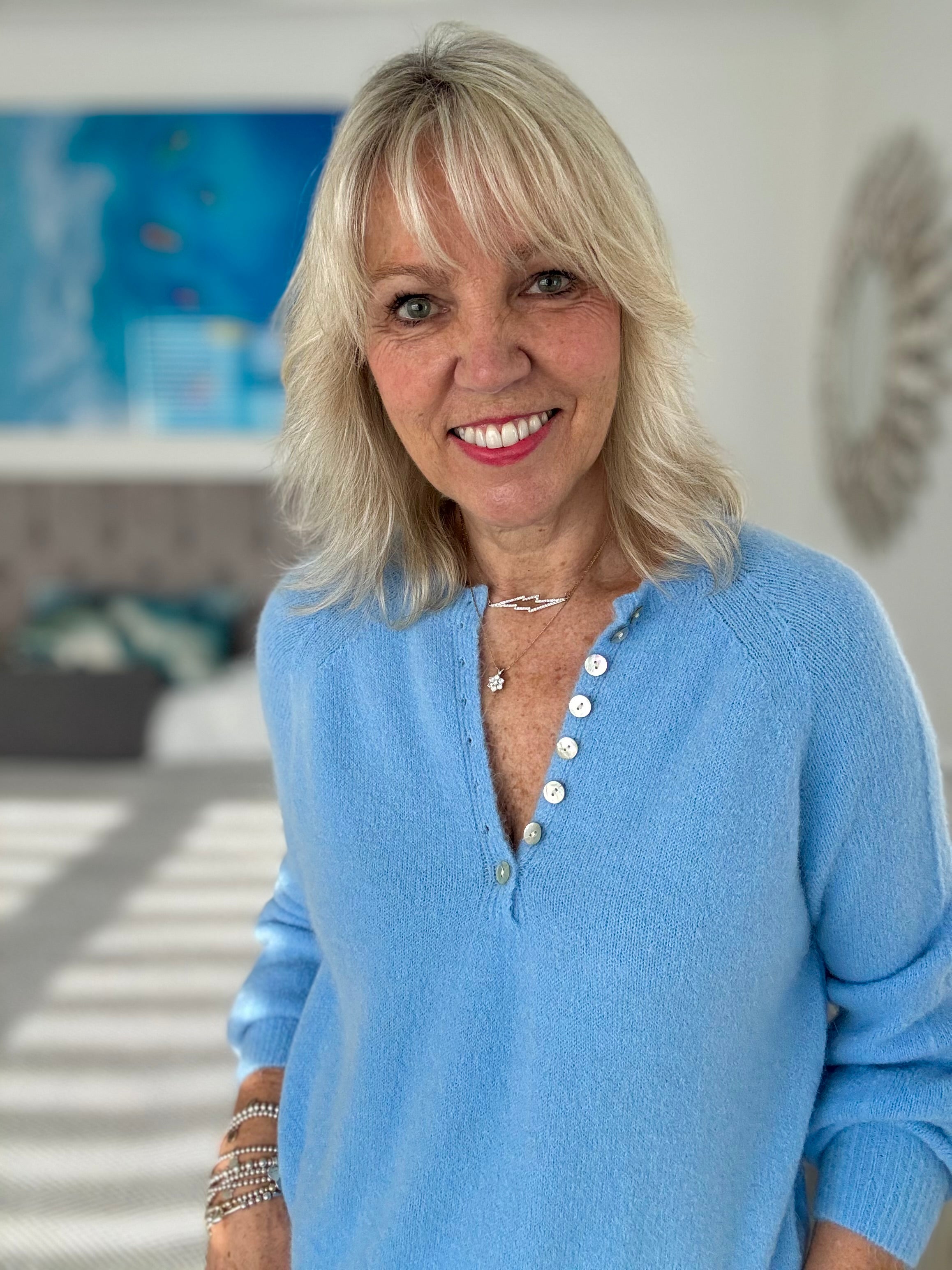 Softie Jumper with Button Neck in Soft Blue