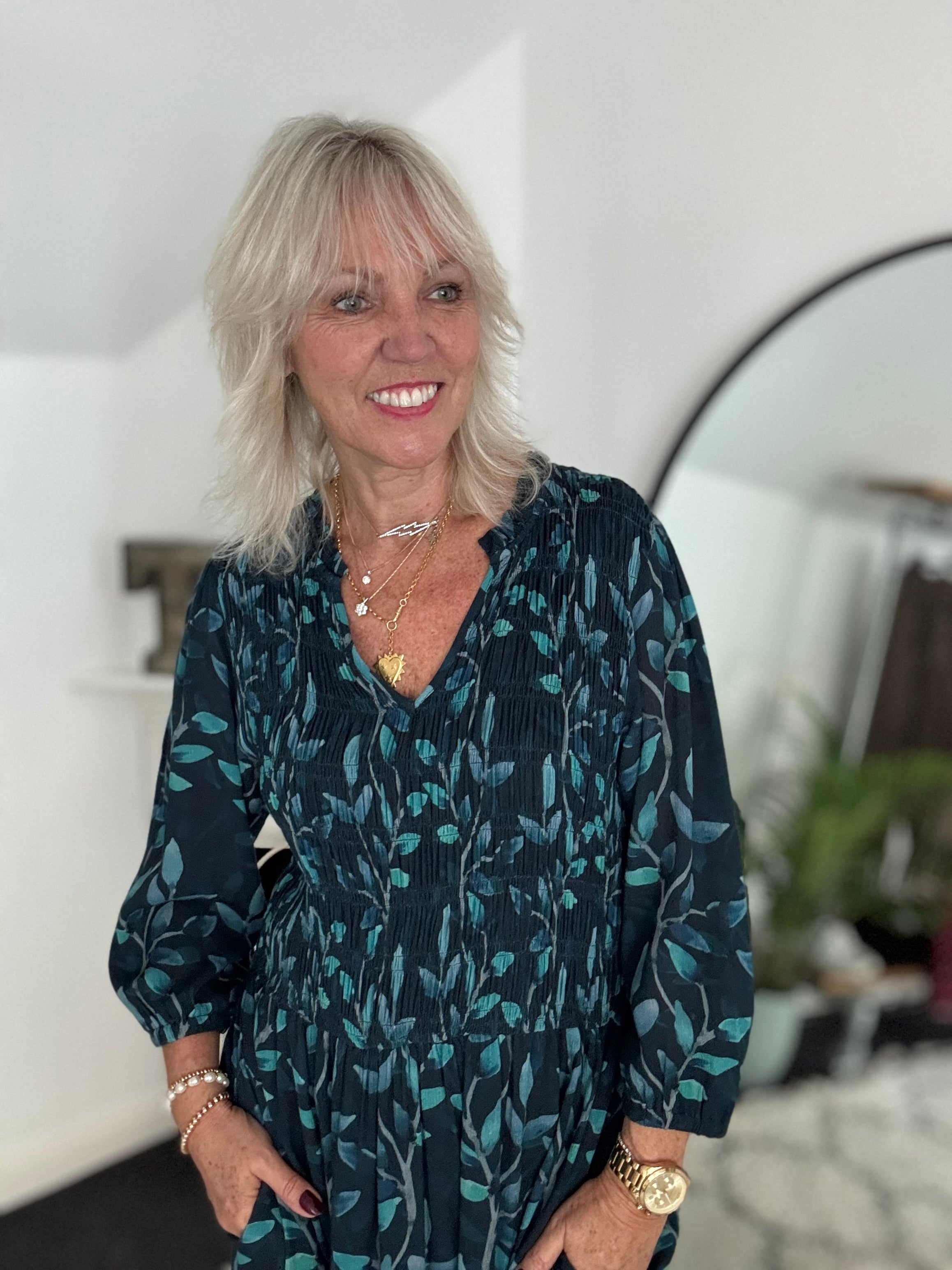 Leaf Print Dress with Shirred Bodice in Teal