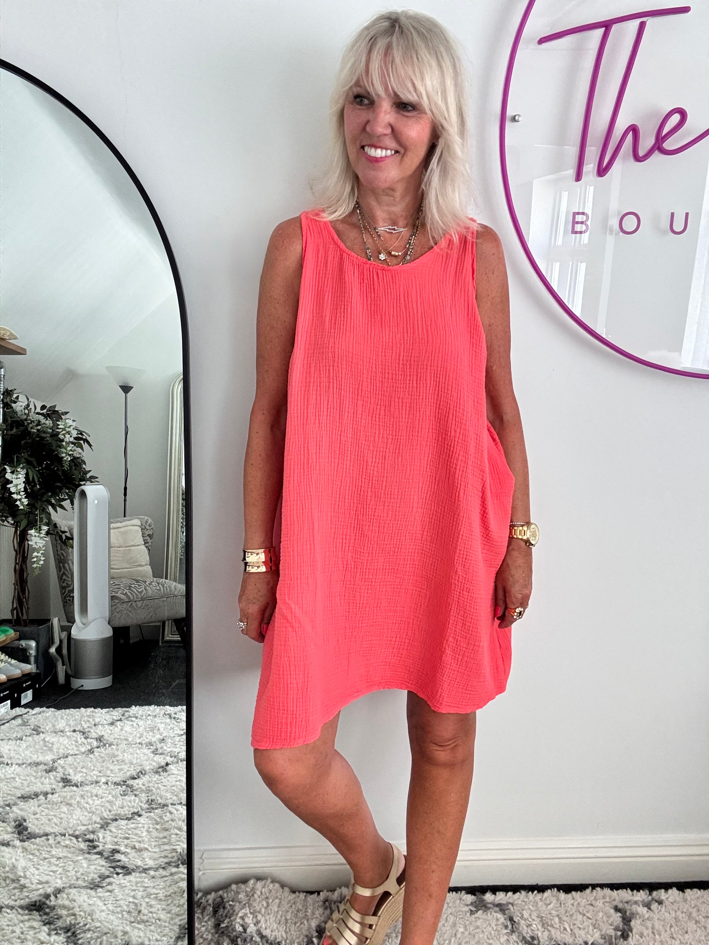Simple Cheesecloth Pocket Dress in Coral