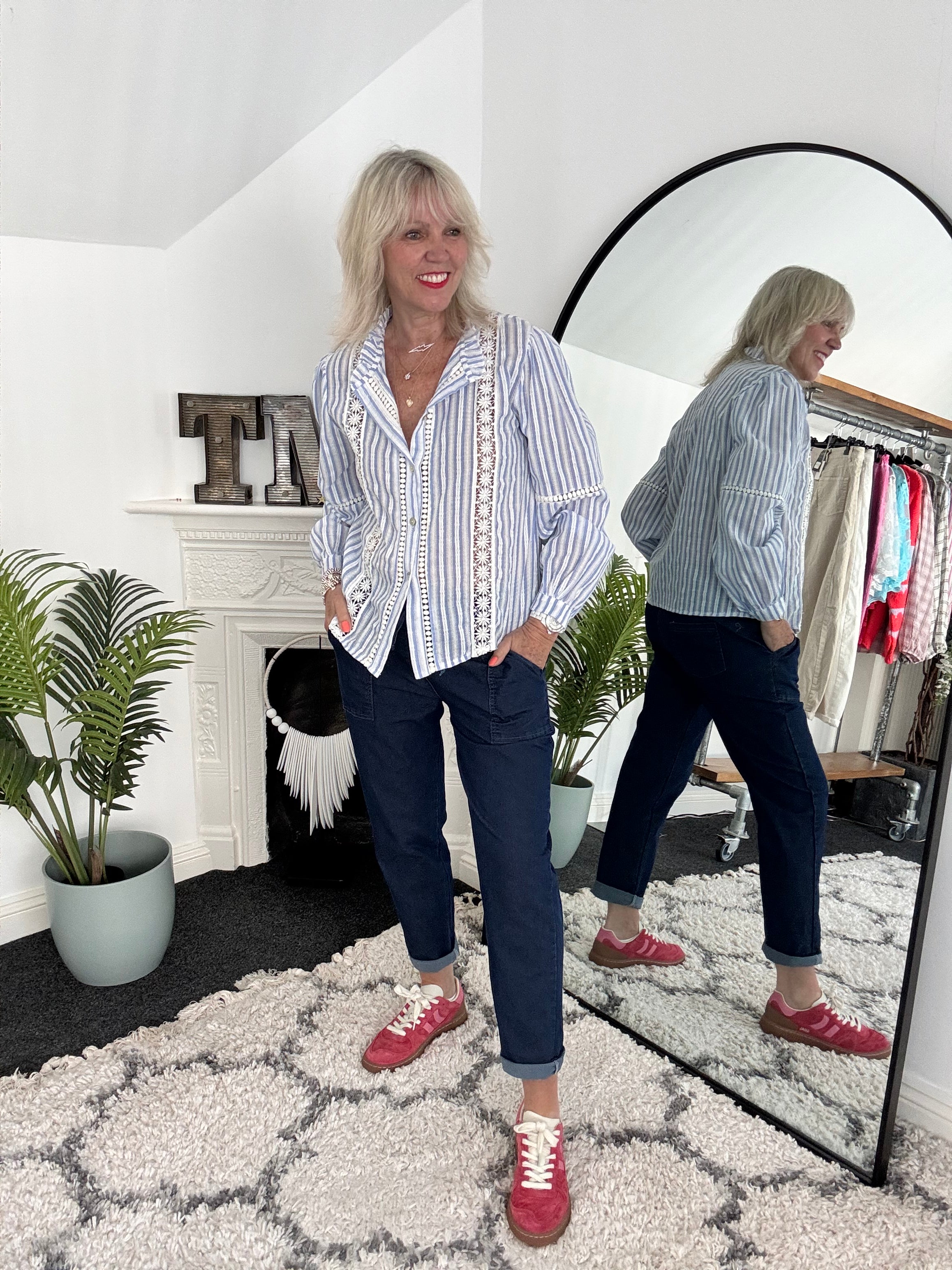 Cotton & Lace Shirt in Blue & White