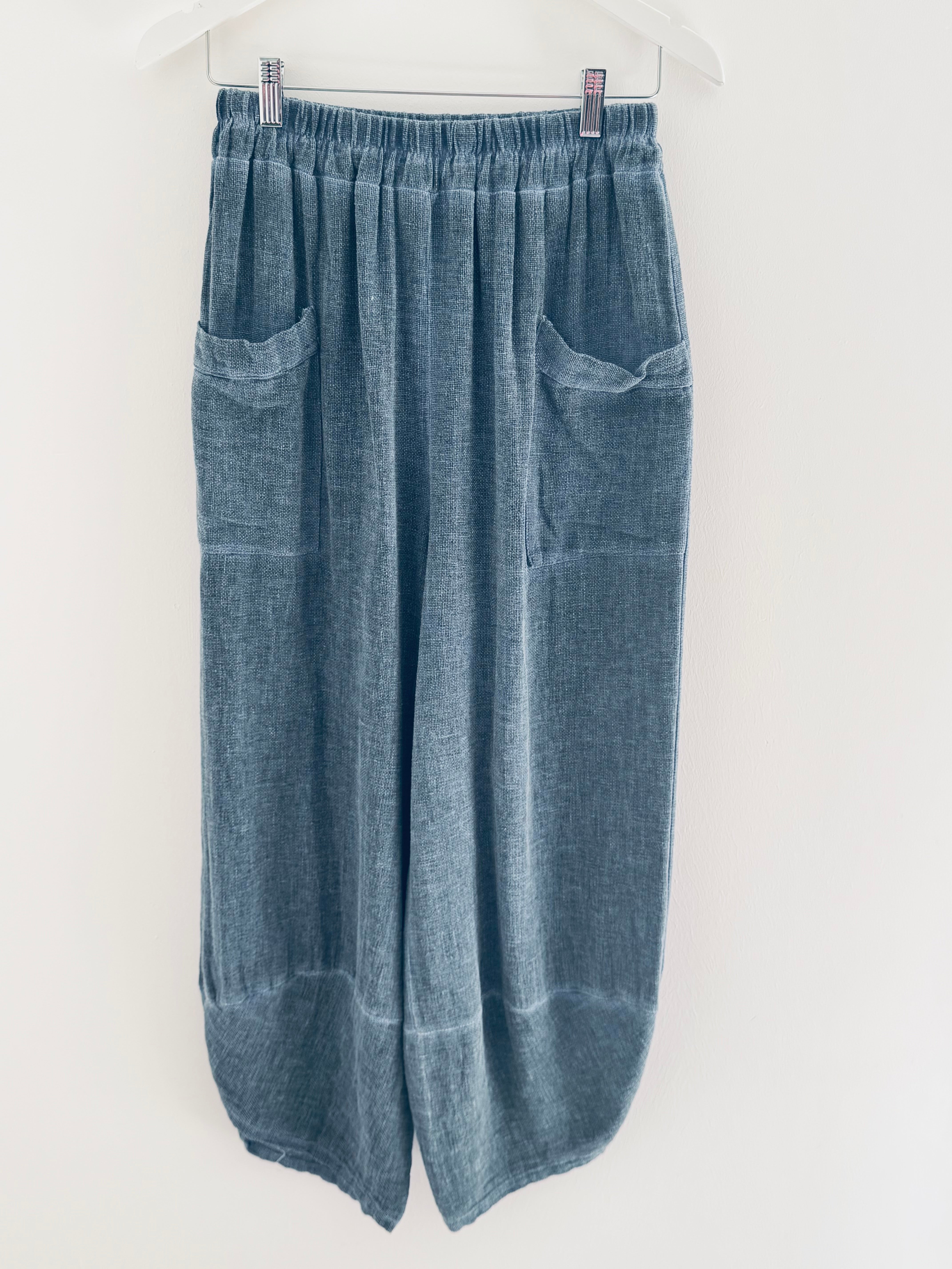 Linen & Cotton Barrel Trousers in Blue