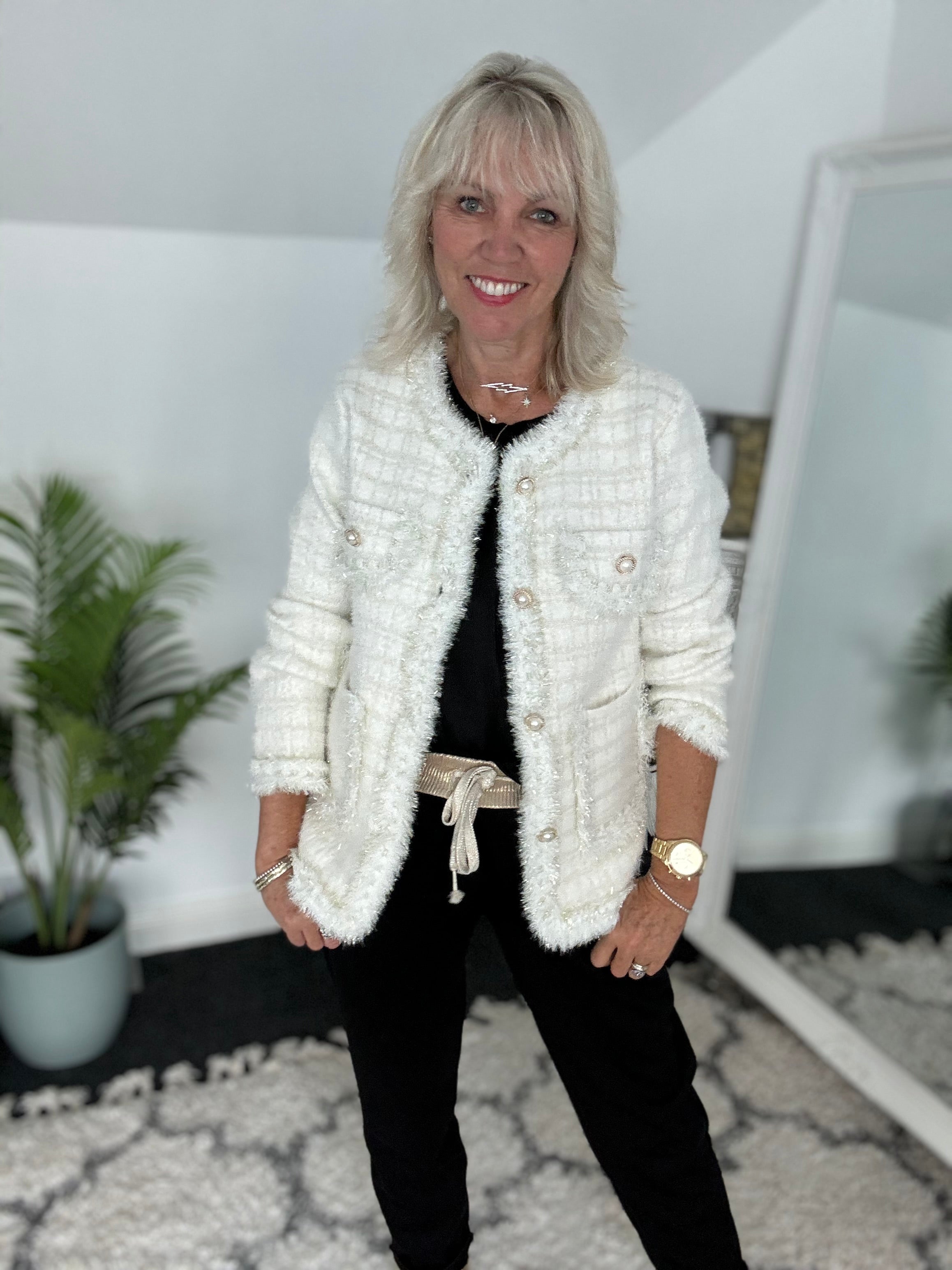 Pearl Button & Tweed Cardi Jacket in Ivory