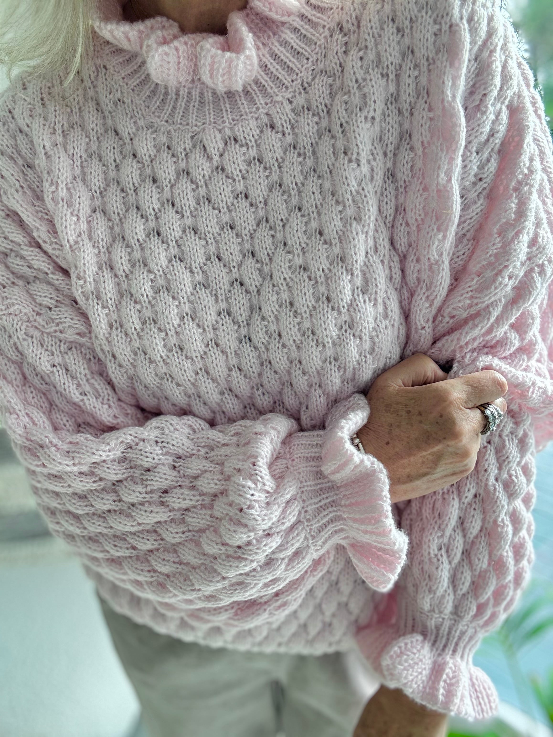 Waffle Jumper with Frill Neck in Pink