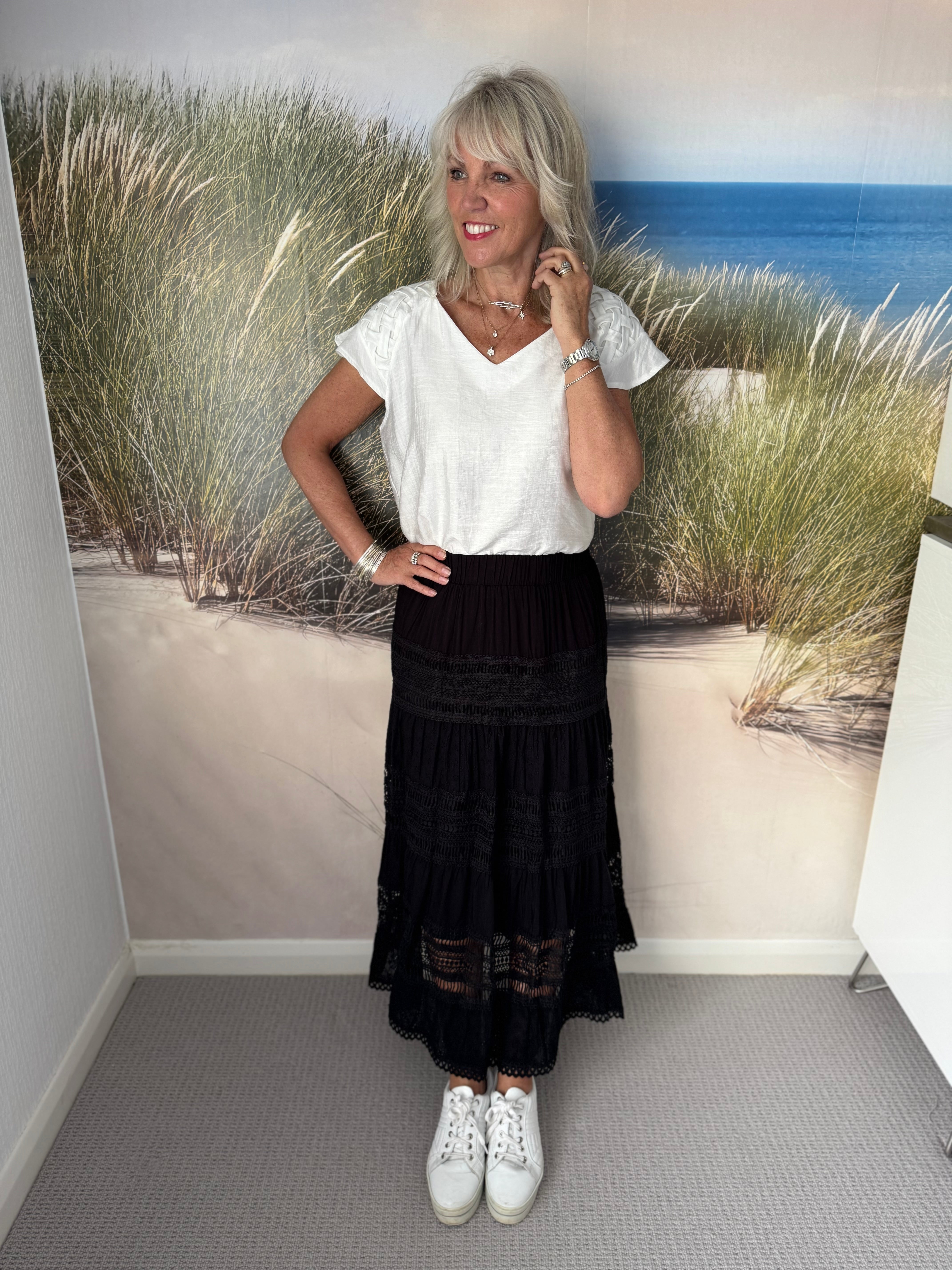 Lace & Embroidered Tiered Skirt in Black