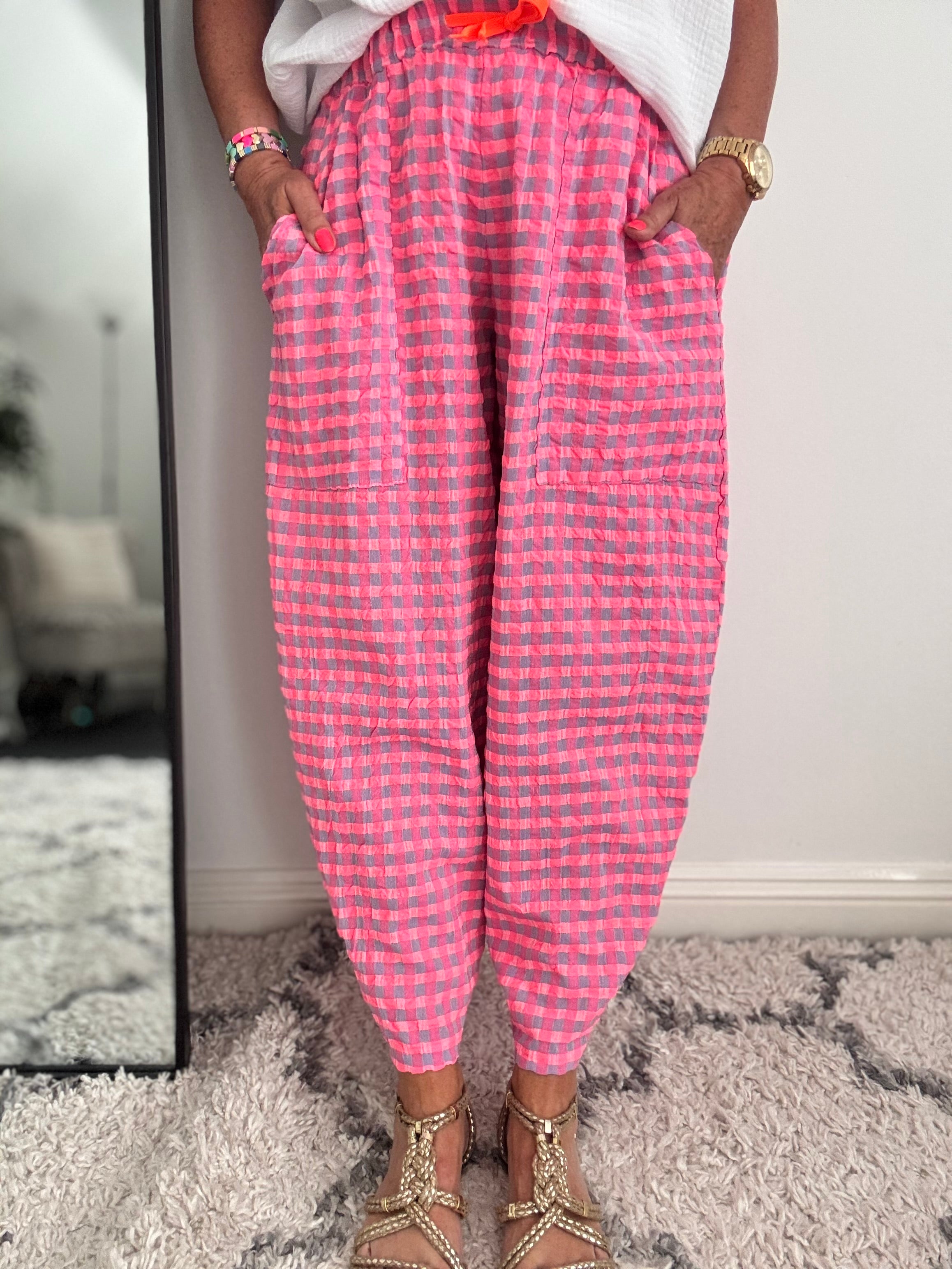 Barrel Check Trousers in Neon Pink