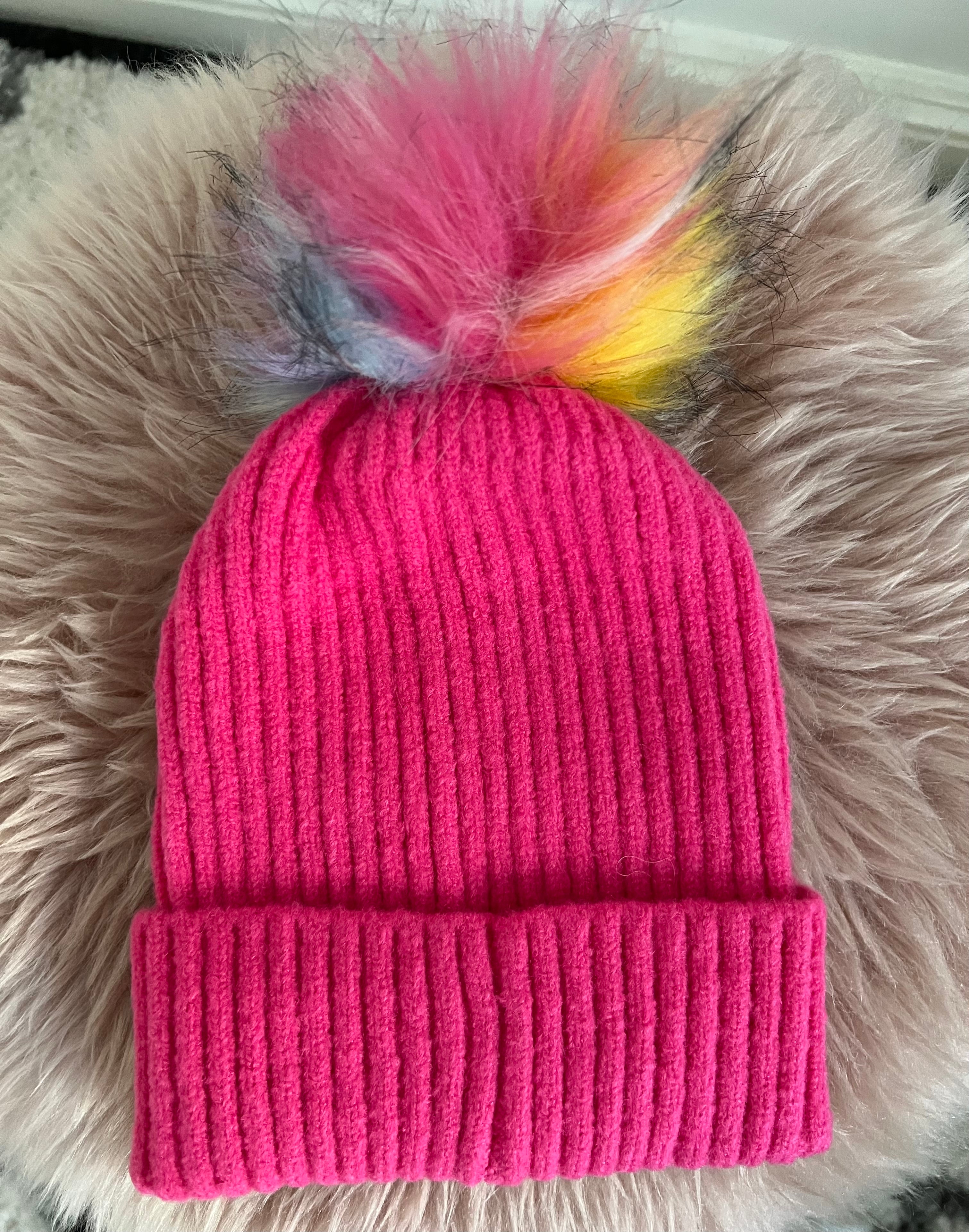 Multi-Coloured Bobble Hat in Bright Pink