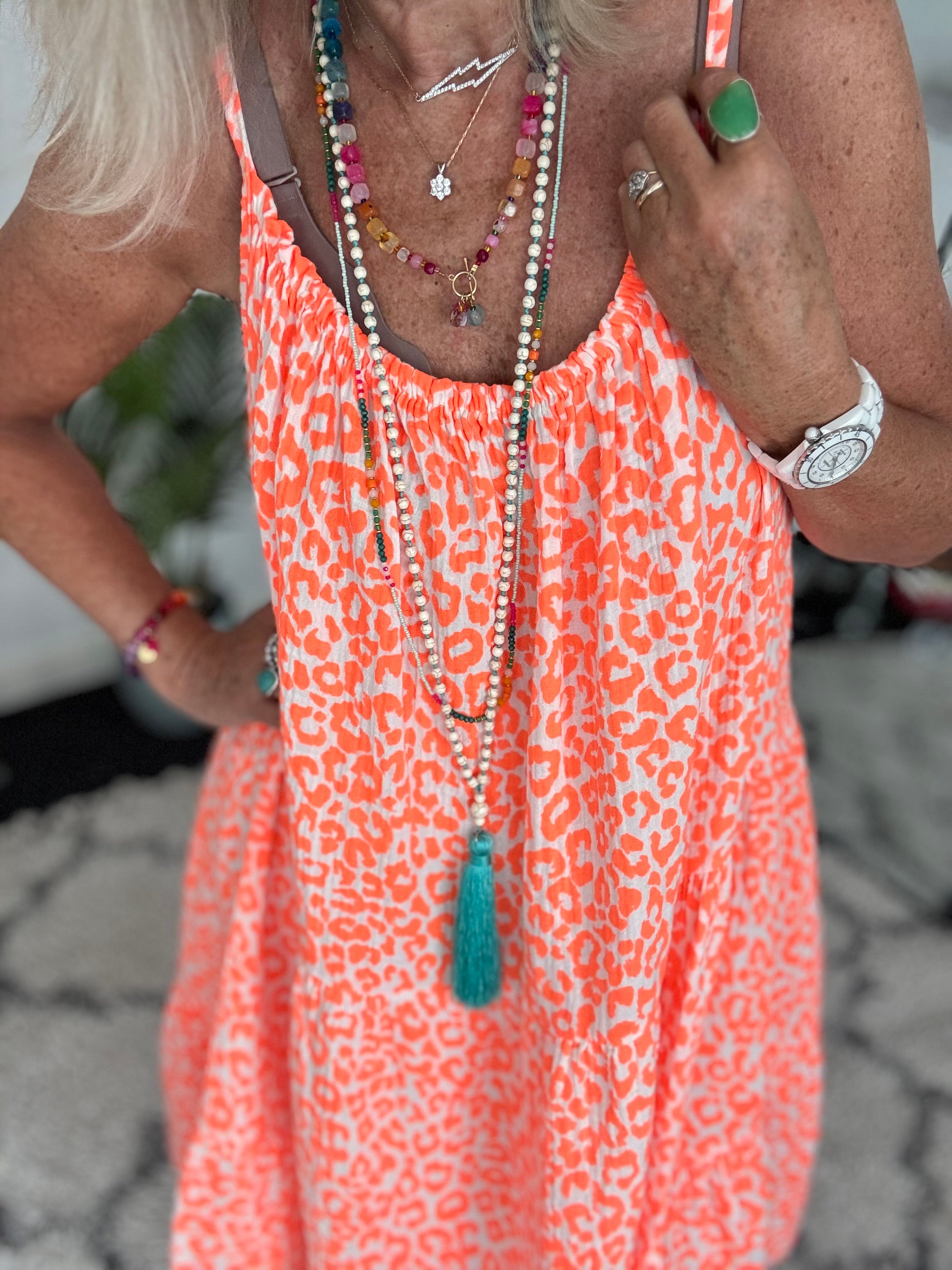 Leopard Cheesecloth Dress in Neon Orange