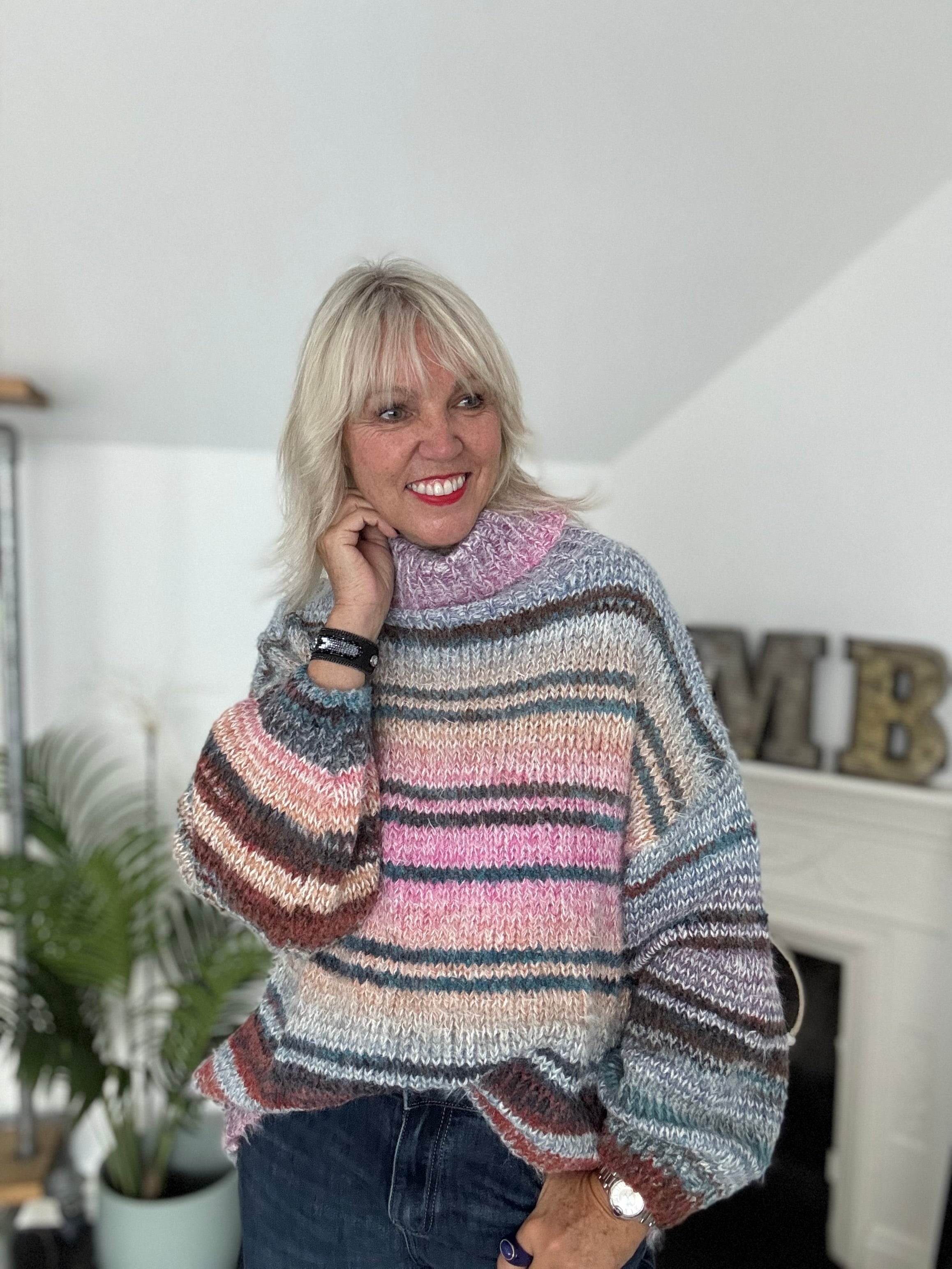 Oversized Stripe Roll Neck Jumper in Pink & Teal