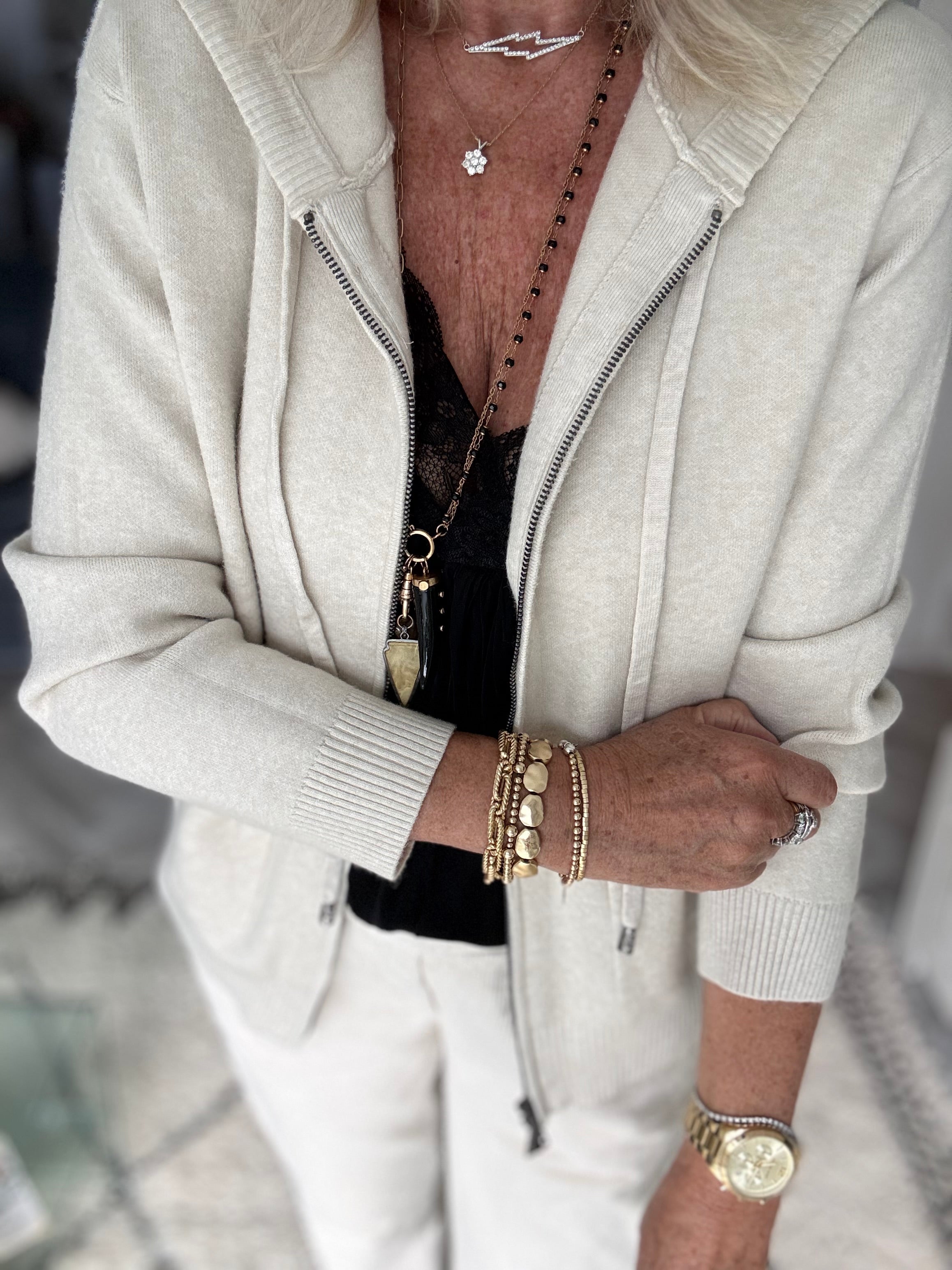 Soft Hooded Zipped Jumper in Ecru